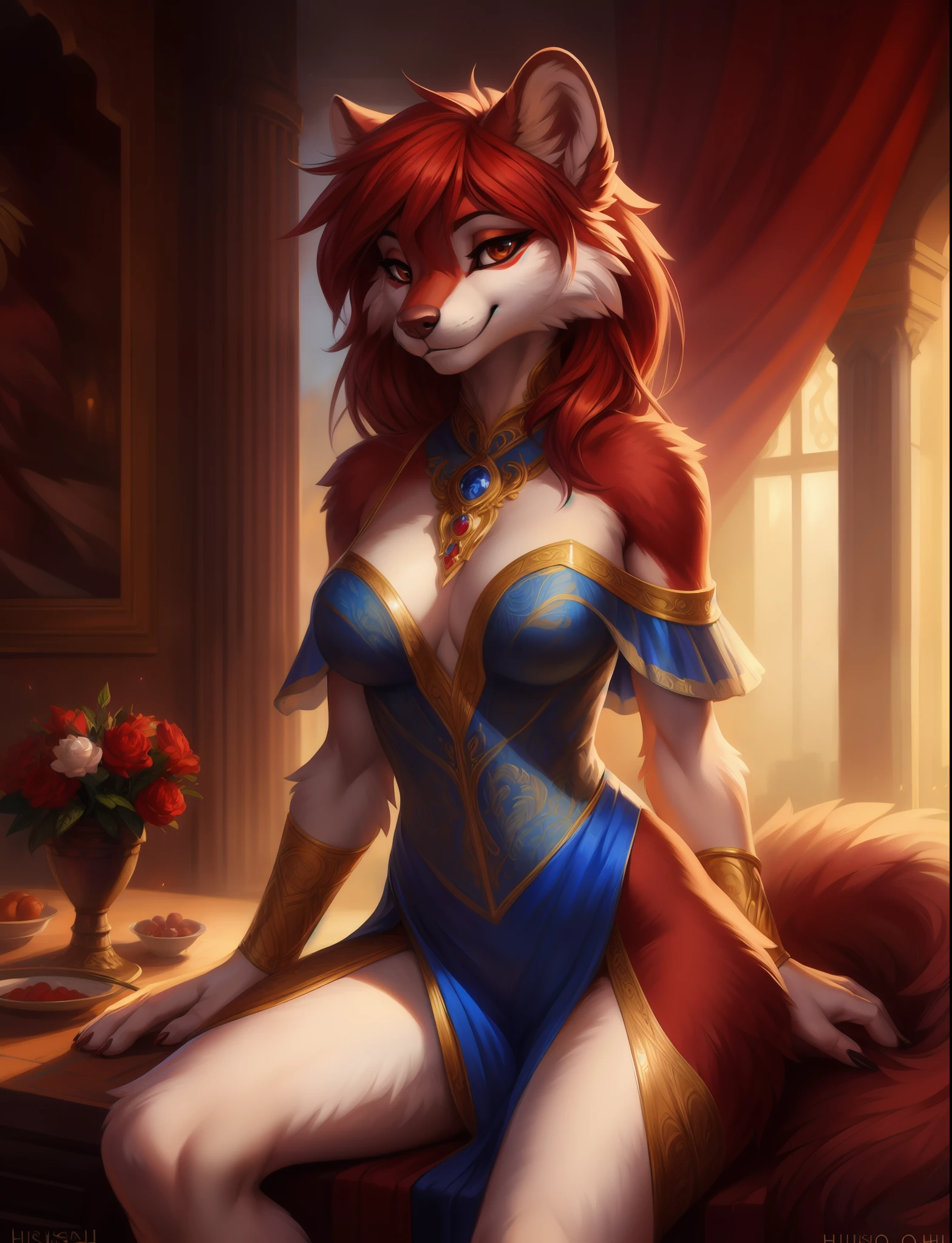 solo, female , a atropomorphic furry fursona withe and red fur ferret, using wild magic, (score_9:1.0), hyperrealistic, perfect beauty, Studio Lighting, soft body, perfect anatomy, De-Noise, insanely detailed and intricate, elegant, ornate, super detailed, gorgeous gorgeous, Goddess look, Portrait, seductive, 8k,, ((symmetrical)), female, anatomically correct, masterpiece, best quality, by hioshiru, snowskau, foxovh. impasto impressionism, by Michael & Inessa Garmash, Ruan Jia, Pino Daeni, detailed background,