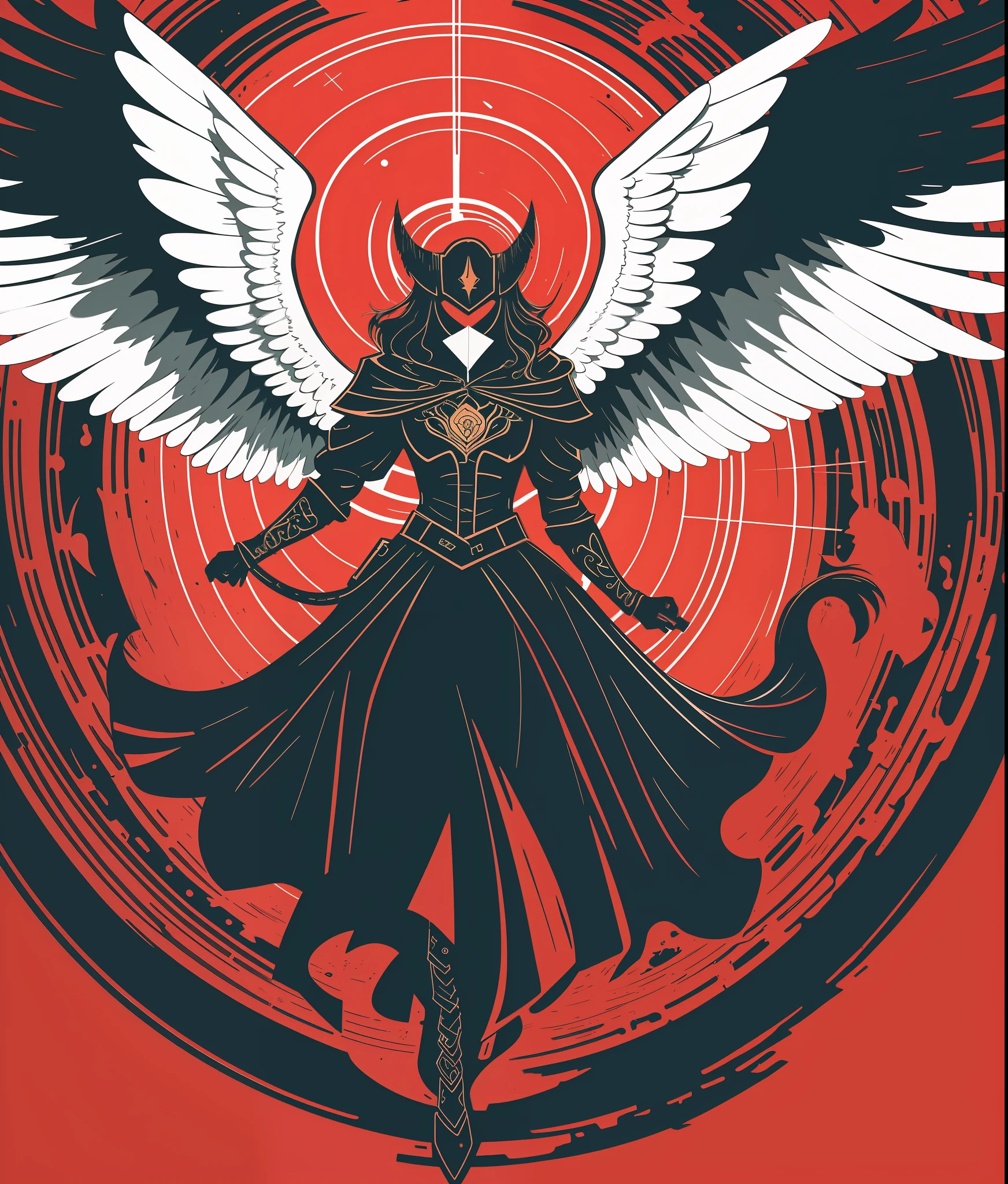 [Angels & Demons] circular heraldic silhouette, logo masking style illustration, Dan Mumford, Greg Lutkowski, James Jean, white background, fantasy art, mysterious, realistic, majestic, rich vivid colors, high contrast, seamless water brand, art station, deviant art, dribbling, red bubble, Tee public, sharp focus, simple, hyper detail, detailed drawing, vectorization, outline, isometric style, 8k.