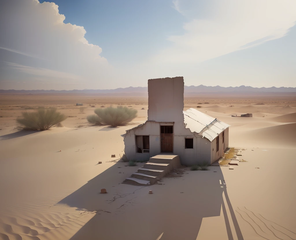 there is a small building in the middle of a desert,Desolate and abandoned scene，The run-down city is reflected in the vision --auto