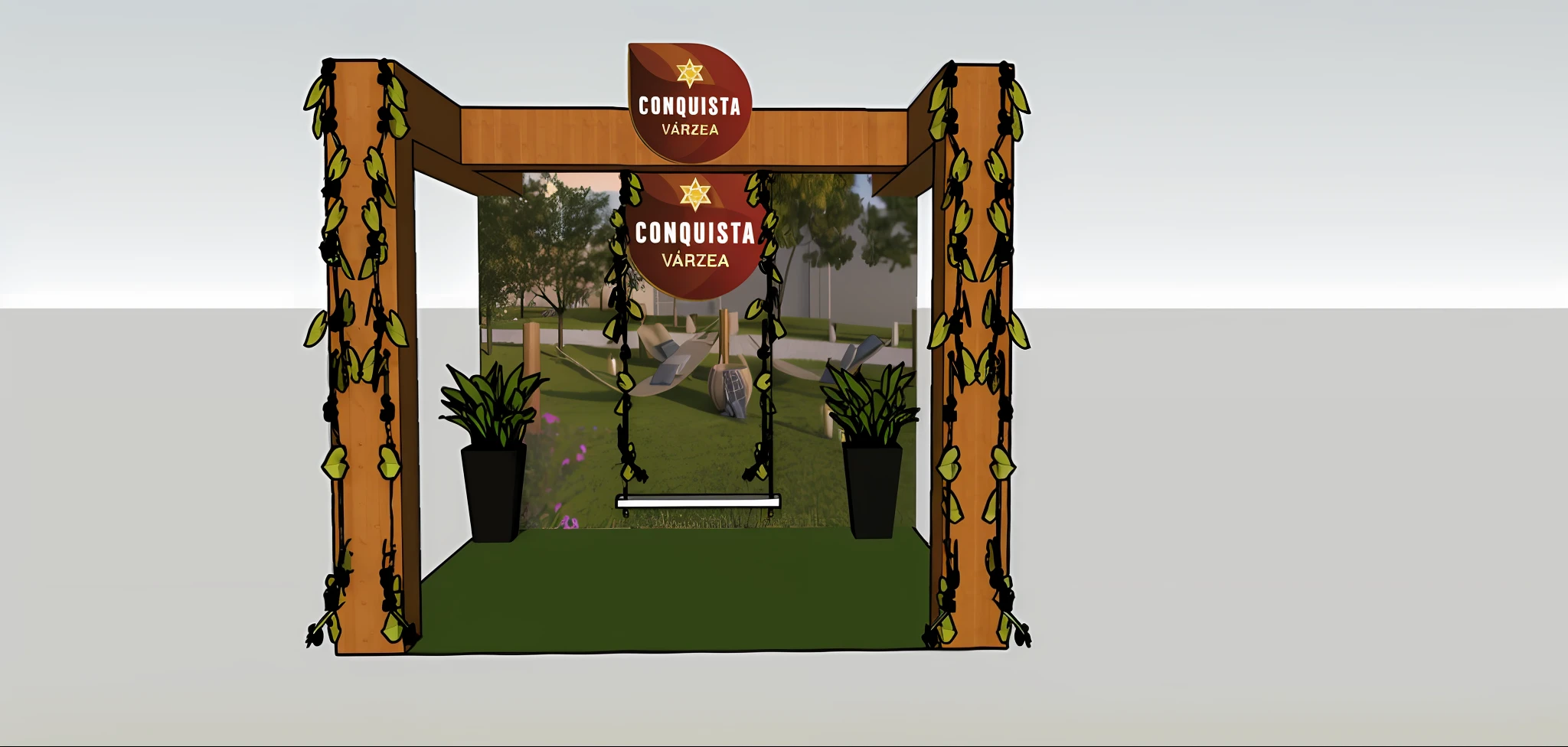 there is a small wooden structure with a sign on it, conceptual rendering, imagem conceitual, render corona, inspirado em Carpoforo Tencalla, Vista da paisagem, conceitual, 3 d conceito, 3d conceito, render 3 d, 3 d rendered, 3d rendered, 3 d - conceito, tiro largo, Casa Conceito, rendered 3d model