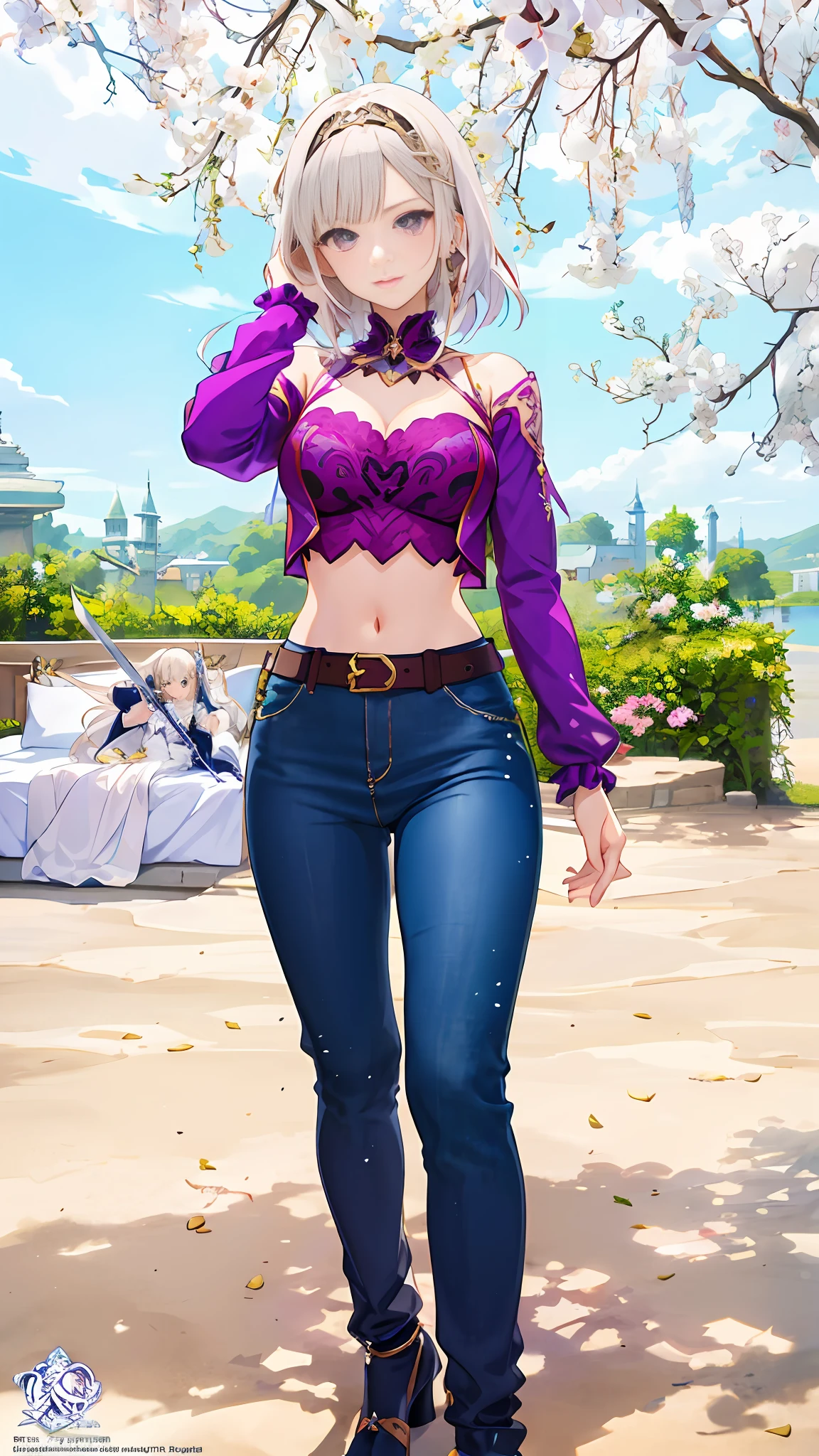 anime girl in a purple dress sitting on a bed with a sword, atelier lulua, ((a beautiful fantasy empress)), white haired deity, cushart krenz key art feminine, portrait knights of zodiac girl, royal elegant pose, beautiful alluring anime woman, anime visual of a young woman, my dress up darling anime, beautiful anime woman, beautiful maiden