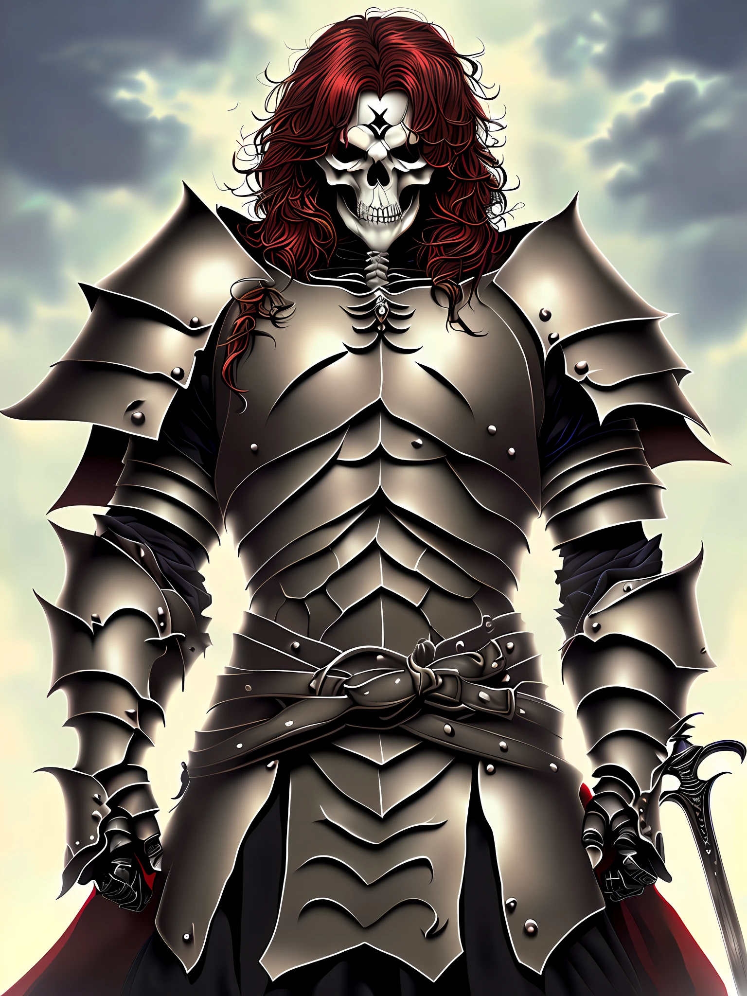 arafed image of a skeleton dressed in armor with a sword, beautiful male god of death, the king of death, skeleton king, by Yoshihiko Wada, skeleton knight, undead skeleton king, advanced digital anime art ”, by Pedro Pedraja, skeleton warrior, wearing a skeleton armor, detailed anime character art, demon knight of death, by Kentaro Miura, Punk medium red hair