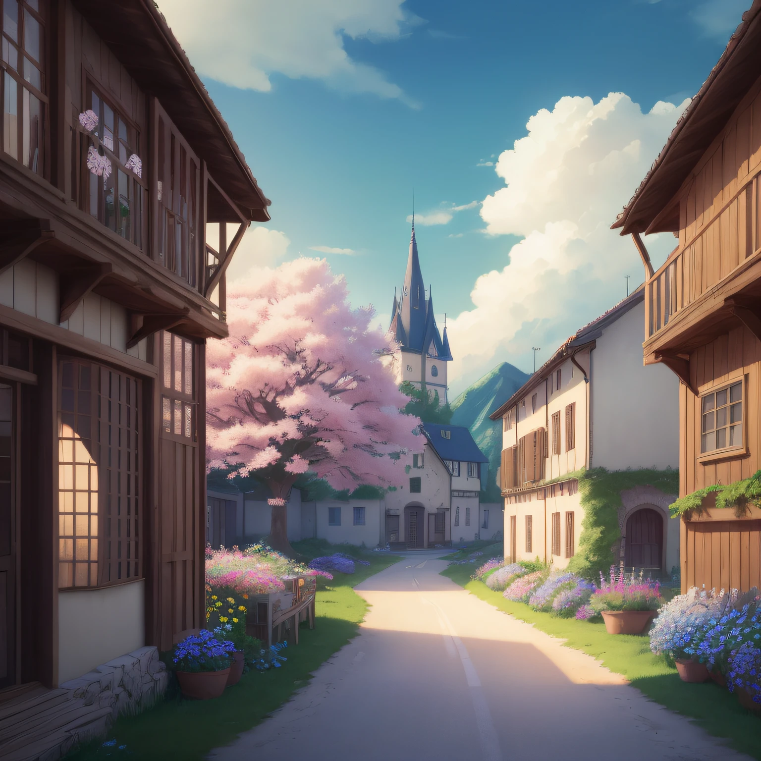Masterpiece, best quality, (very detailed CG unity 8k wallpaper) (best quality), (best illustration), anime, village, flowers, blue sky, --v6