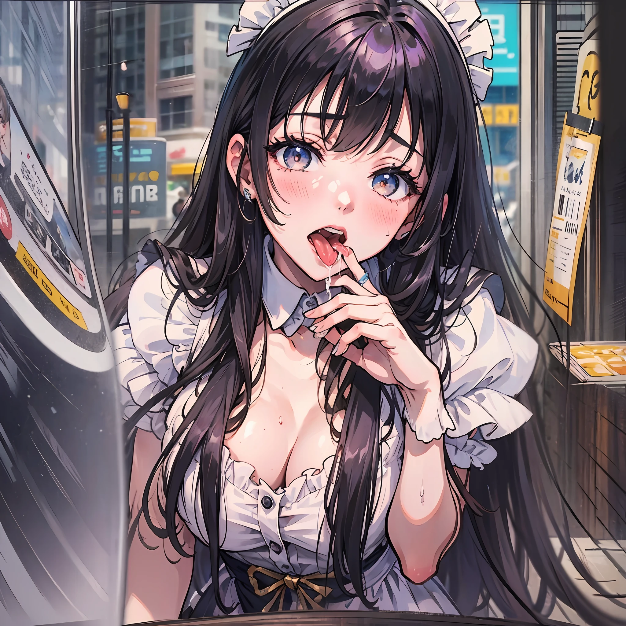 the mouth of this girl is sucking on a as she gives a lick and suck, 1girl, cum in mouth, hetero, 1boy, cum,, tongue, cum on tongue, maid clothes, black hair, long hair, open mouth, pov, hand on another's head, tongue out, male pubic hair, looking at viewer, pubic hair, , uncensored, solo focus, blush, bangs