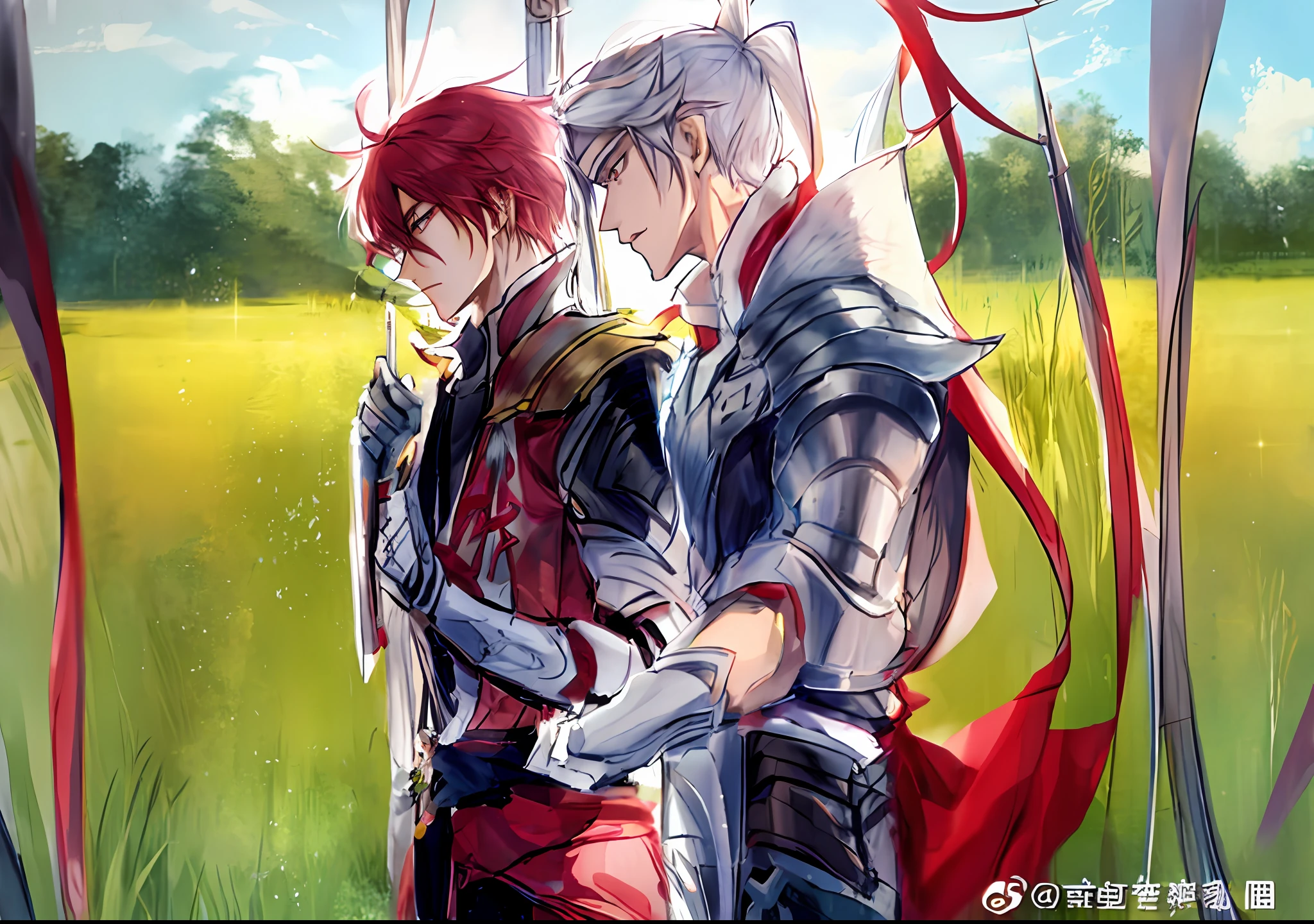 Male anime characters standing side by side in a field, Author：Shitao, zerochan, nixeu and sakimichan, by Yang J, zerochan art, from kenshin, sakimichan and frank franzzeta, white and red armor, by Qu Leilei, Author：Fan Qi, at pixiv, Author：Shao Mi, Author：Shi Rui