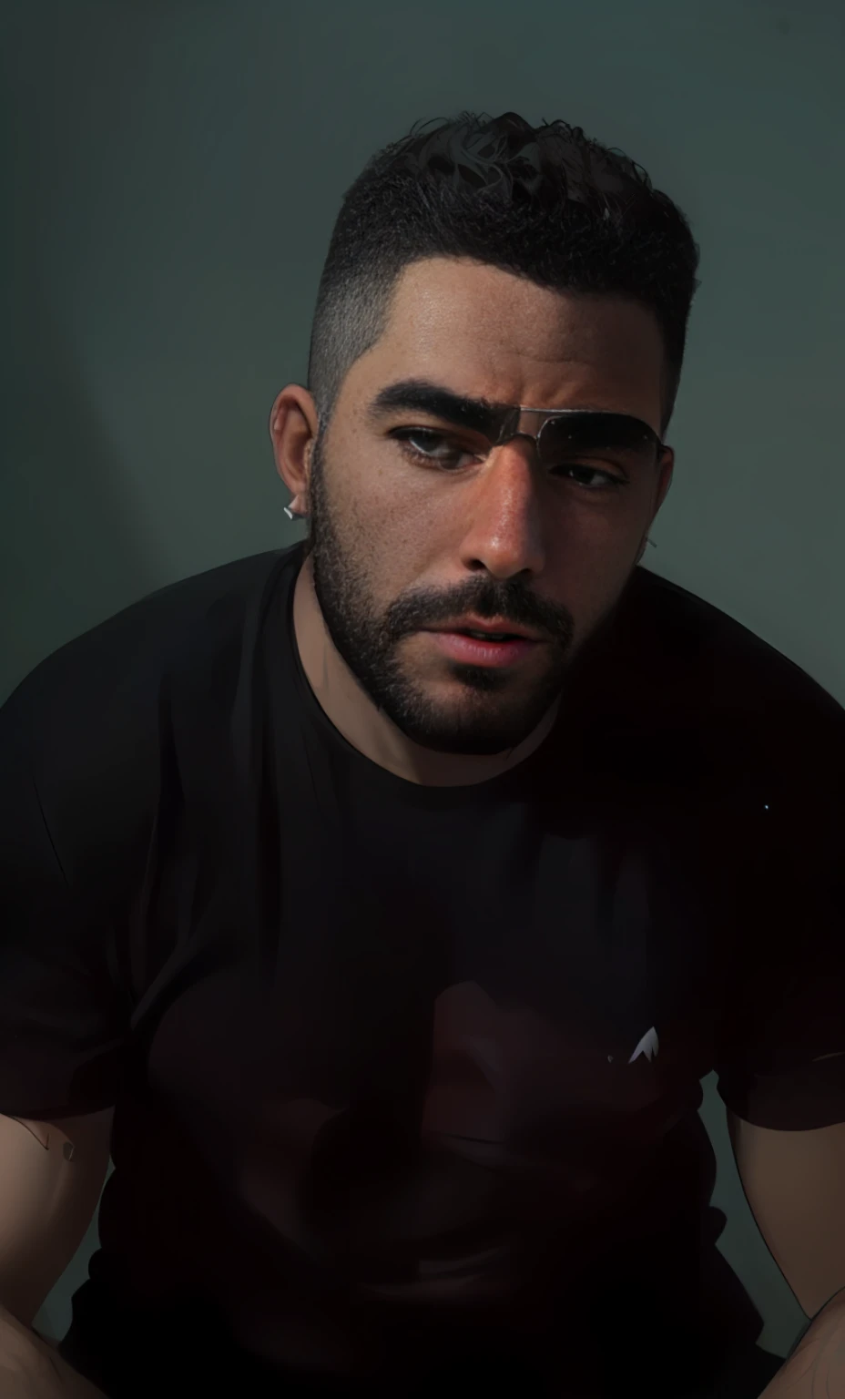 uma pintura digital de um homem 20 anos cabelos preto, homem jovem, homem gordo, barba curta, ((olhos castanhos)), (((camiseta lisa preta))), manga curta, arte cyberpunk de Josan Gonzalez, vencedora do concurso behance, afrofuturismo, synthwave, neon, neon brilhante, homem brasileiro, ((barba raspada)) rosto arredondado, ((rosto gordo)), Rosto, rechonchudo(((cabelo crespo curto)))(((without earrings))