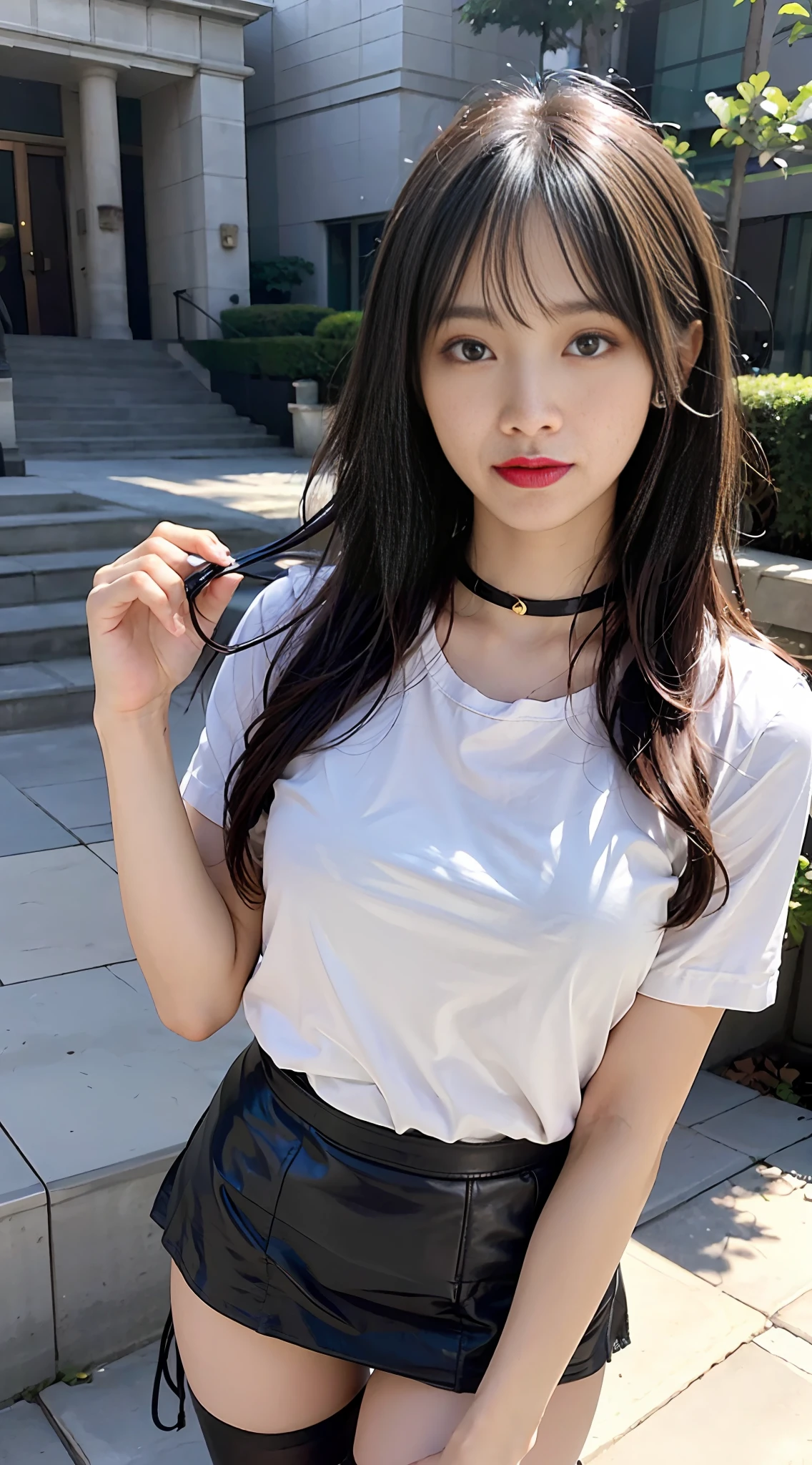 Best Quality, Master peace, Ultra high Resolution, (Realistic、、、、、: 1.4), Original Photo, Head Photo, Snow White Skin, sinnpuru BACKGROUND, Detail, 1 Girl, Look at the Viewer,歳、Sorrisos、baTaiwanese Beautiful Girl Idol、transparent shirts、(extremely short leather miniskirts,:1.4)、Miniskirt with visible lower buttocks、Golden Choker、Shiny red high heels、Glossy red gloss slip:1.1、Shiny black stockings、Sexy thighs、Sweaty skin:1.4、Glowing black hair、