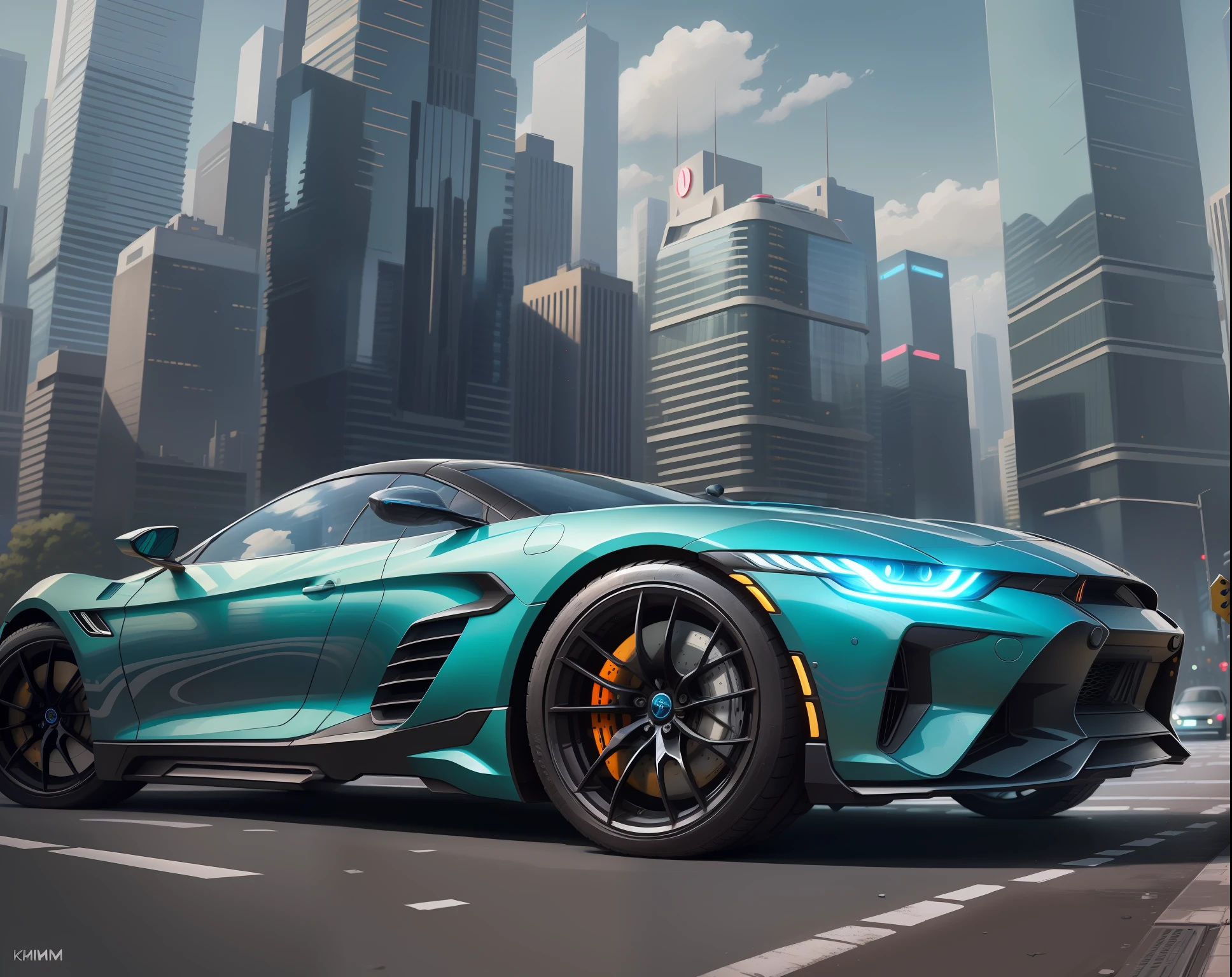 (High Definition, 9k) A futuristic sports and blue car with neon headlights on the street of a futuristic cityscape with skyscrapers with glass