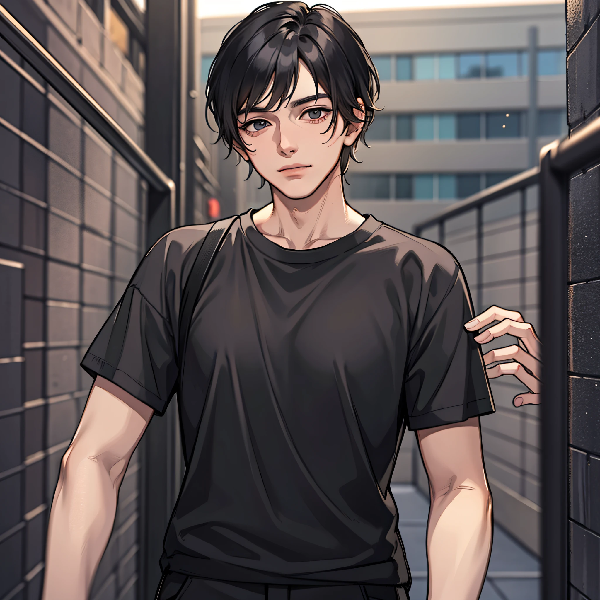 A man wearing black short sleeves(black color hair),At the prison gate,open hands,4k