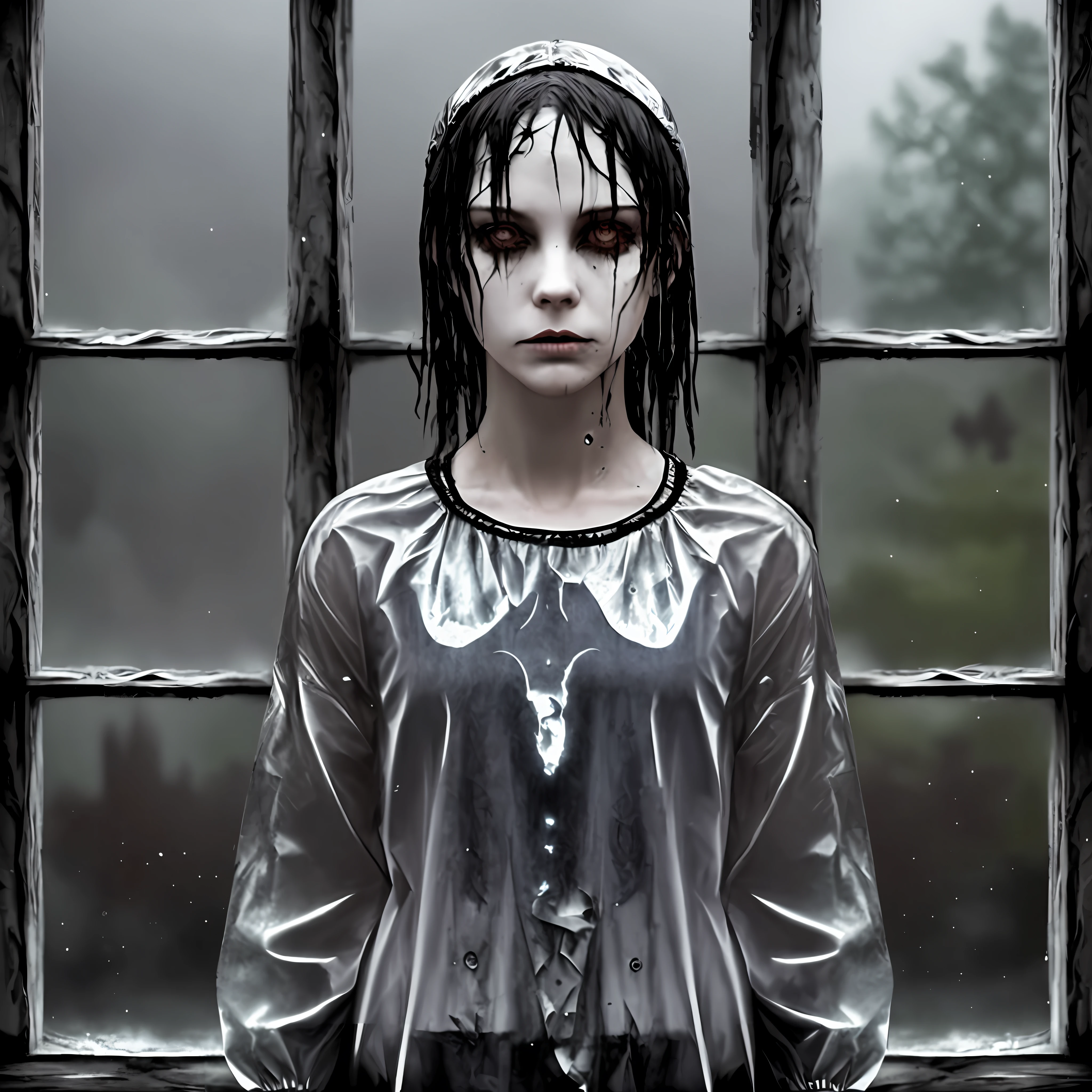 ((creepy)), ((ominous)), ((scary)), dark atmosphere, hauntingly beautiful, eerie silence, abandoned location, flickering lights, shadows lurking, unsettling feeling, foggy weather, unsettling soundtrack, fear and dread, horror film vibes.