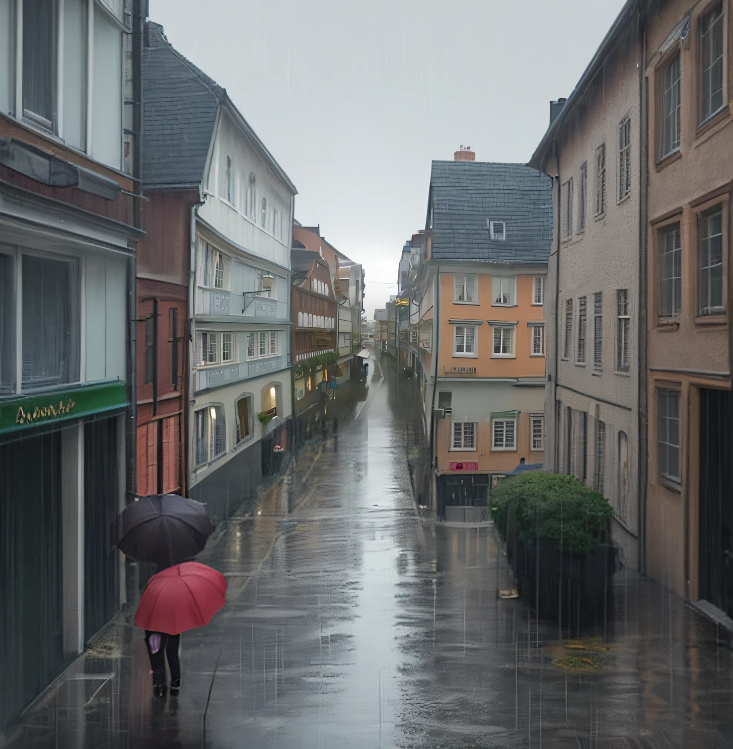 A narrow street can be seen,There are buildings inside,A person walks on it, rainy streets in the background, rainy scene, rainy street, Rainy Atmosphere, Rainy Day, rainy environment, rainting, in a rainy environment, rainy and gloomy atmosphere, rainy afternoon, day after raining, wet streets, rainy evening, rainy and wet atmosphere, very rainy, rainy urban streets