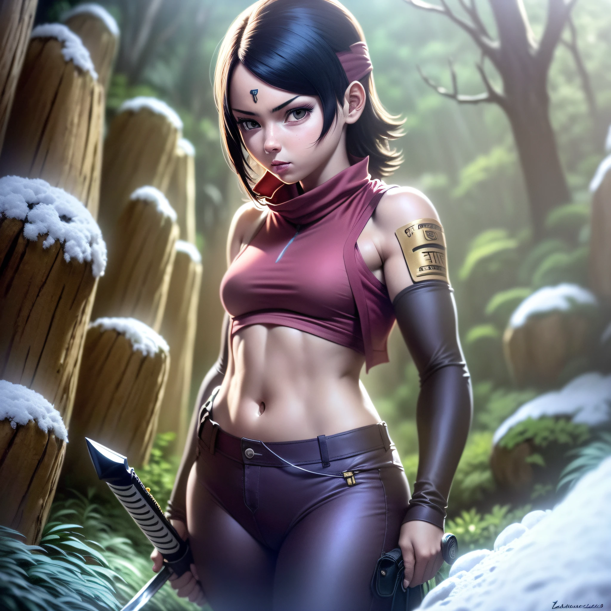 sarada uchiha ultra realistic 8k cg, obra prima, ((fundo ultra detalhado, delicate pattern, detalhe intrincado)), (altamente detalhada, detalhes finos), best qualidade, (fotorrealista ,beautiful lighting, absurdos, Foto RAW, film grain, ((sarada uchiha, magra)), Tashigi, 1girl, Sozinho, cabelos pret, vidros, Epaulettes, arma, katana, Luvas Suzanoo , boca aberta cum, cabelos azul, cabelo longo, pants, casaco, camisa, olhos cor castanha, Estampa floral, (complex detailed background, ambiente de natureza nevada, neve, dia, ensolarado),((menina, sarada uchiha)),