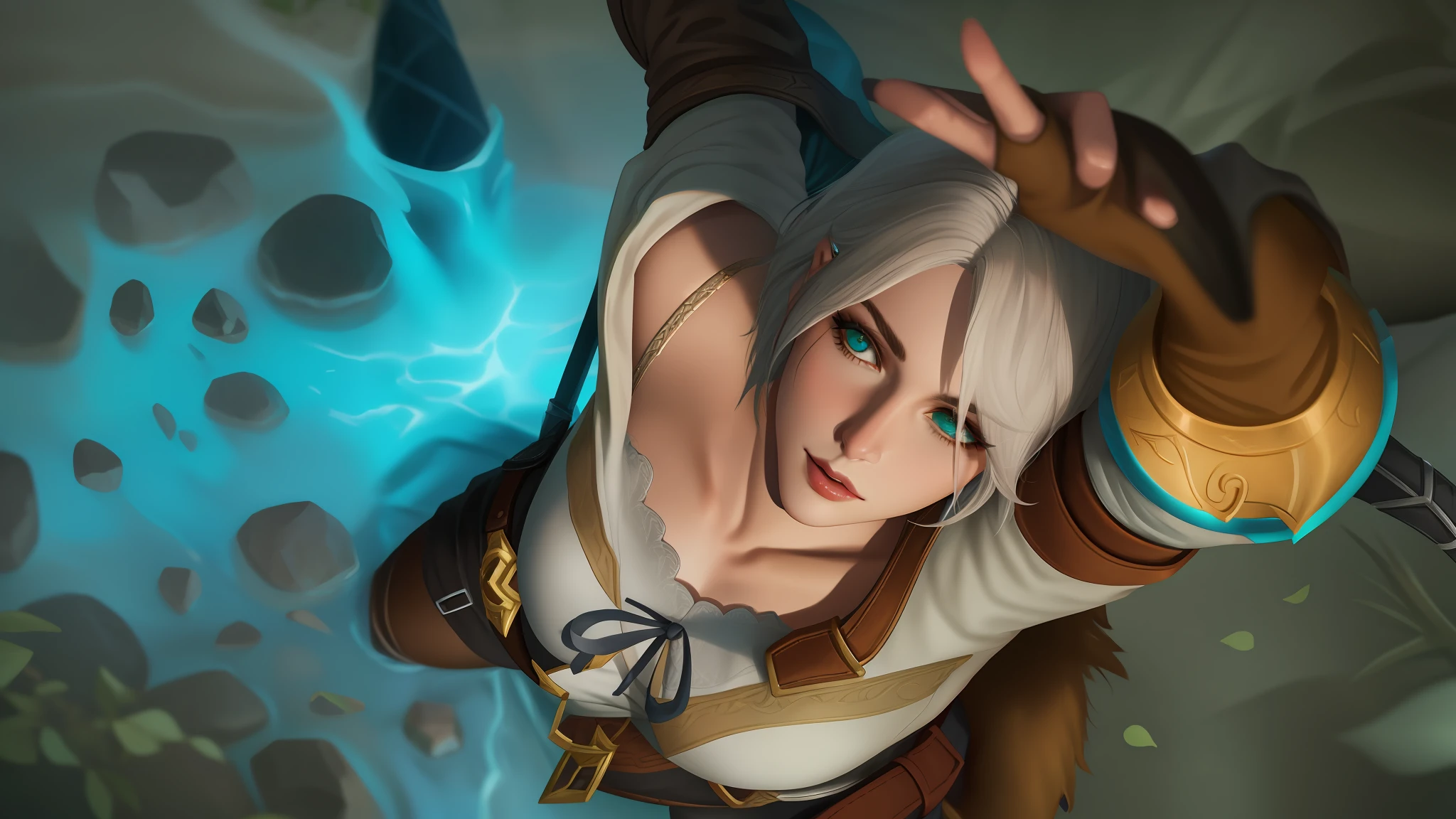 imagem arafed de uma mulher com uma espada em um quarto, thancred waters, thancred waters in style of wlop, ciri, Retrato de Thancred, Ciri de The Witcher, ultra realistic 8k octan photo, fantasy style 8 k octane render, close up tiro de cima, Riven de League of Legends, feature holding a cat