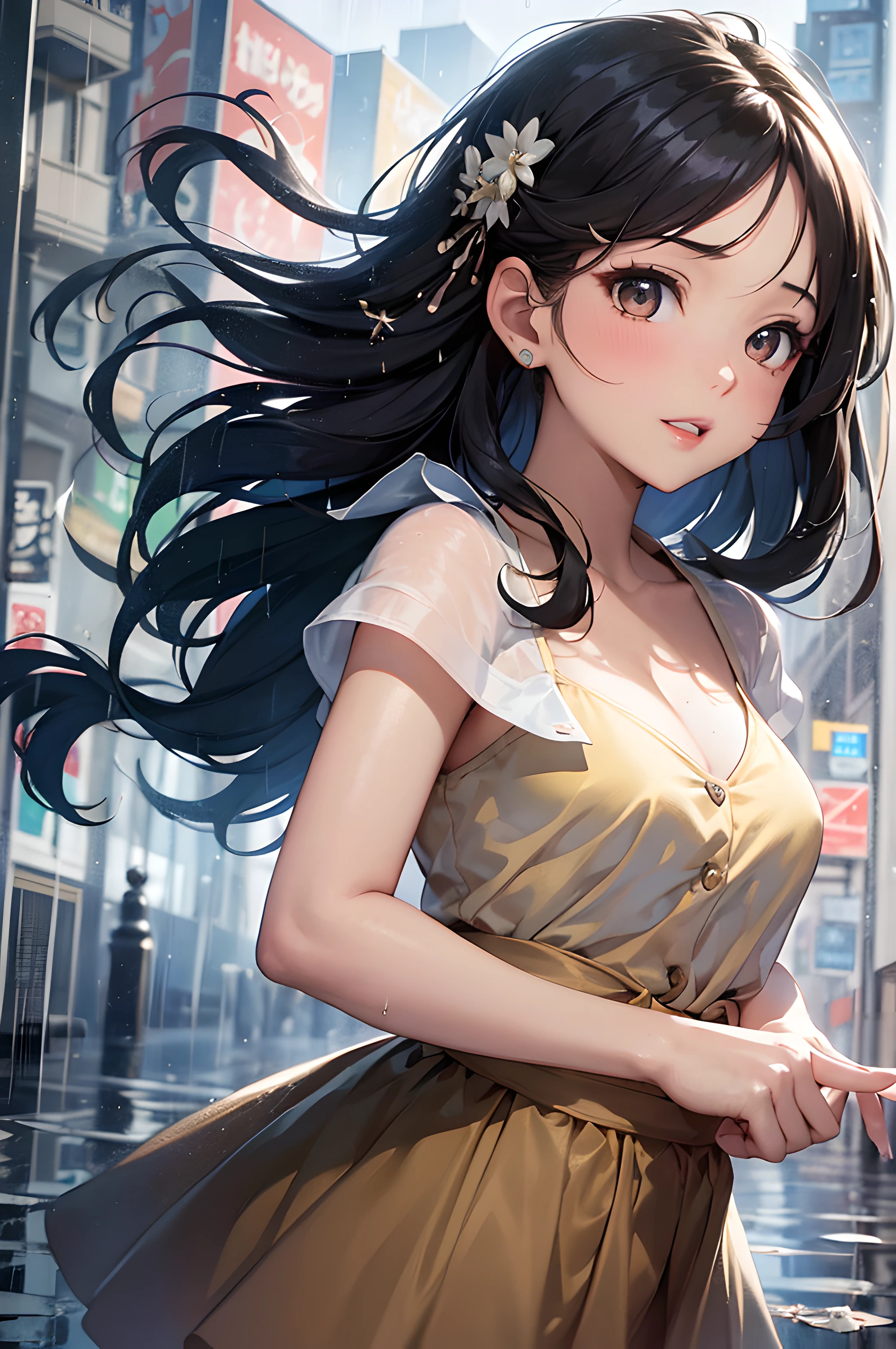 (masterpiece), (portrait), (aesthetic), (beautiful), (upper blody), (high quality), (aesthetic clothings), (professional angle), (rule of thirds), (Feminine), (woman), (female), (beautiful),(feminine features), (21 years), solo, 1 woman, (attractive Mexican), Any, (Rainy Atmosphere), (Daytime), (Soft light), ((Jumping in a Puddle)), (Arms Spread Out Hands), ((Looking Upwards Face)), ((Playful)), (Natural Make-up), (Moderate Bust), (), ((Medium Hair)), (Black Hair), (Wavy Hair), (Half-up Half-down hair), (Raindrop Hairpins in Hair), (Open Eyes), (Brown Eyes), (Cheerful Look), Tan skin, (Vibrant Colors Clothing), (Raincoat), (), (Skirt ), (Round Neck Neckline), ((Rainy Setting background)), (Wide Shot Shot), beautiful hands, two hands, normal hands, two arms, complete hands, beautiful body, beautiful fingers, normal fingers, five fingers, five fingers, beautiful ears, normal ears, beautiful eyes, shiny eyes, beautiful mouth, beautiful lips,