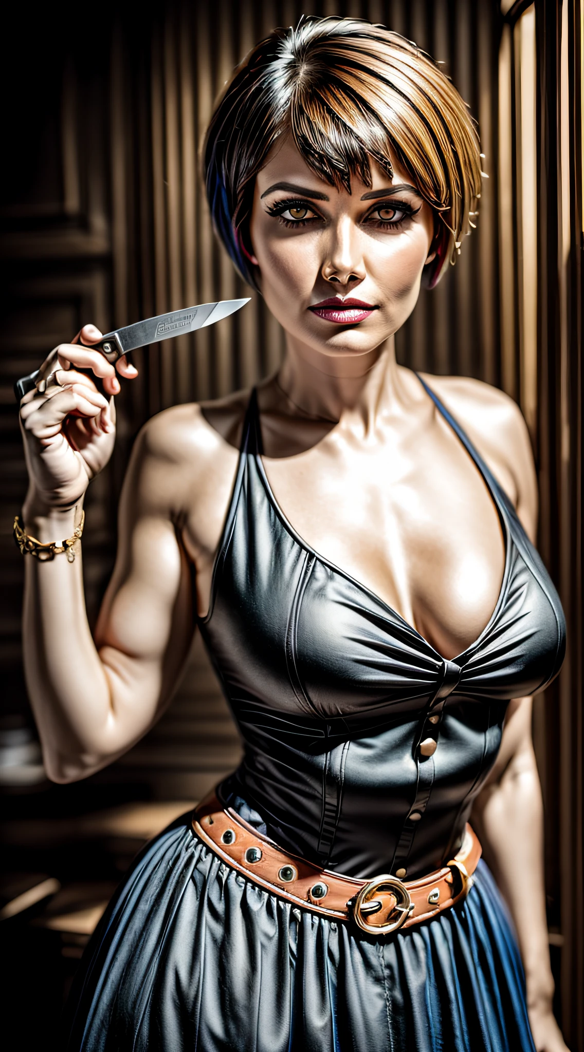 In a wide shot, we see a [beautiful mexican woman] in her thirties in her workshop, portraying the enigmatic character of a serial killer. She holds a knife defensively, her expression filled with anger, her head slightly tilted. Her attire reflects the reconstruction era, complete with a vintage dress. The woman’s eyes are accentuated with a striking black cat eyeliner makeup. short (red honey) hair, (((pixie cut))), devil_smile, (honey eyes), (tan skin), beautiful body, sexy expression, high contrast, cleavage, crooked smile, style Gustav Klimt, damaged photo, hasselblad, film grain, sharp focus, high dof, otherworldly lighting, subsurface scattering, f2, 35mm, bokeh, blur,