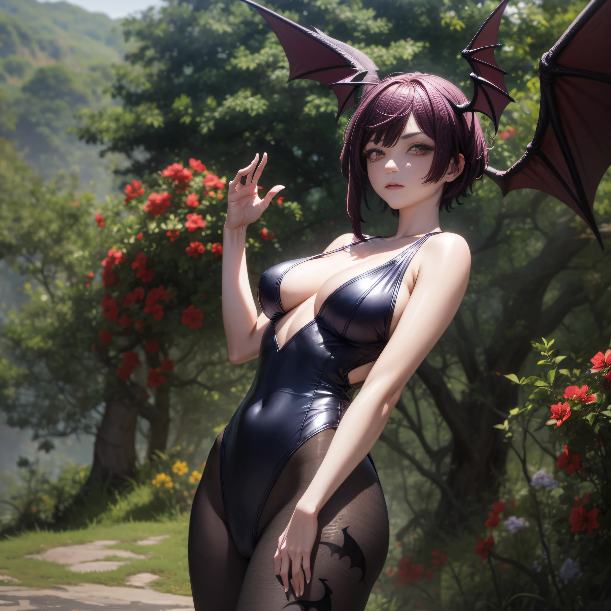 1girl, breasts, chest jewel, pantyhose, head wings, solo, large breasts, red hair, morrigan aensland, wings, animal print, bat print, short hair, red eyes, print legwear, swept bangs, leotard, bat wings, cleavage, bangs, tiara, claw pose, bare shoulders, black leotard, looking at viewer, simple background
