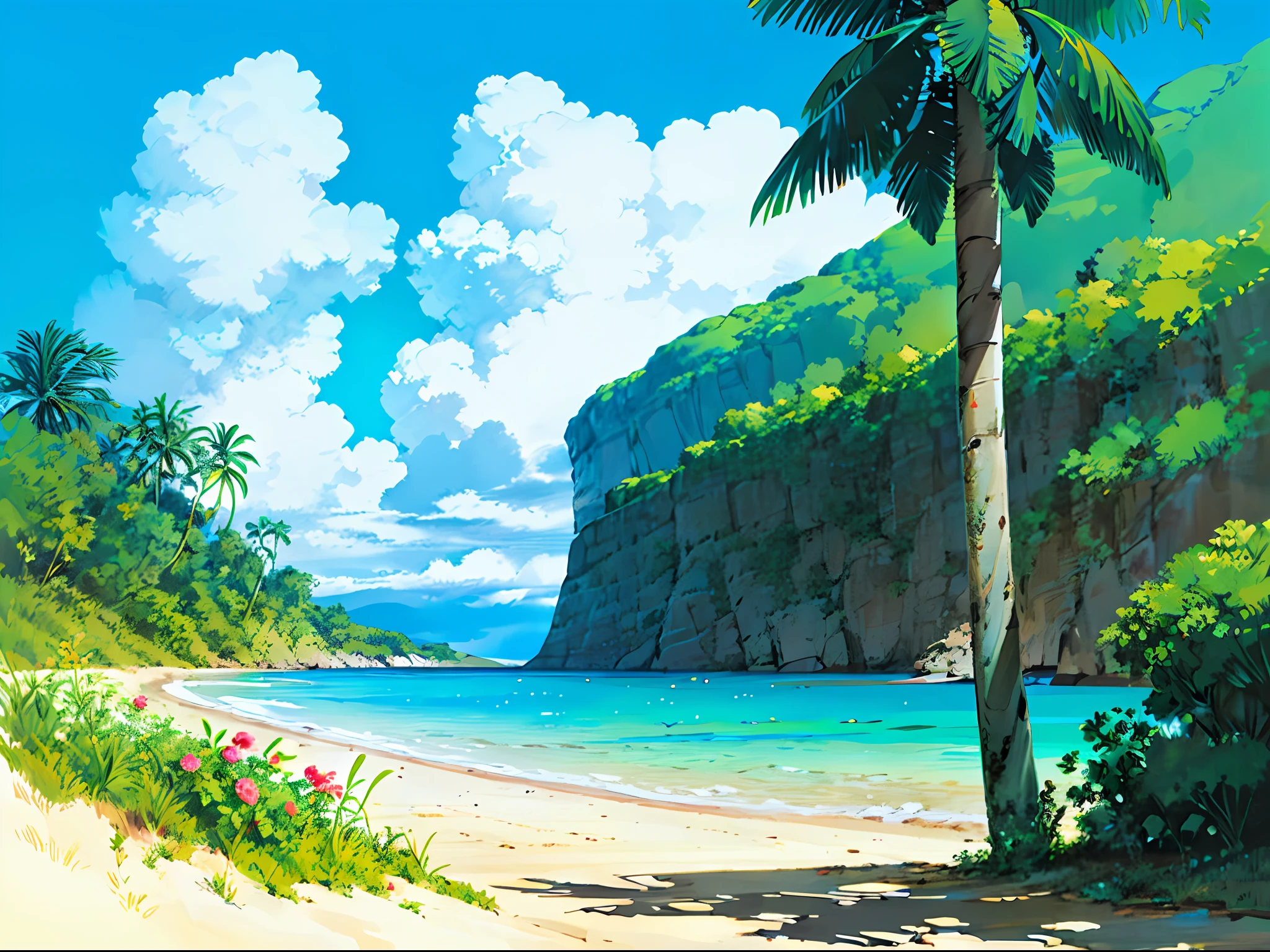 (((best qualit))), high satur, Clear,、, reasonable structure, cartoon style, sandy beach , the sand, The sea,, mew, heavens、, SUNNY DAY, fantasy, out door, landscape,,, True, Beautiful and amazing landscape oil painting Studio Ghibli on the tropical island of Miyazaki,Blue sea and sky, tropical island, coconuts --v6