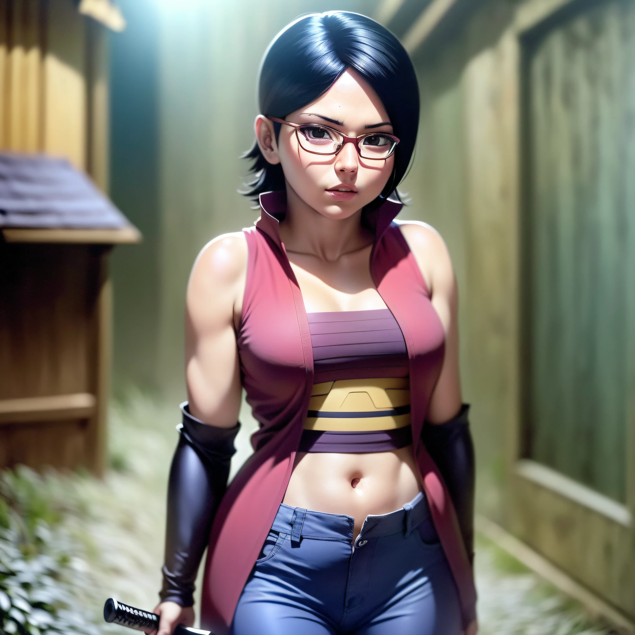 sarada uchiha ultra realistic 8k cg, obra prima, ((fundo ultra detalhado, delicate pattern, detalhe intrincado)), (altamente detalhada, detalhes finos), best qualidade, (fotorrealista ,beautiful lighting, absurdos, Foto RAW, film grain, ((sarada uchiha, magra)), Tashigi, 1girl, Sozinho, cabelos pret, vidros, Epaulettes, arma, katana, Luvas Suzanoo , boca aberta cum, cabelos azul, cabelo longo, pants, casaco, camisa, olhos cor castanha, Estampa floral, (complex detailed background, ambiente de natureza nevada, neve, dia, ensolarado),((menina, sarada uchiha)),