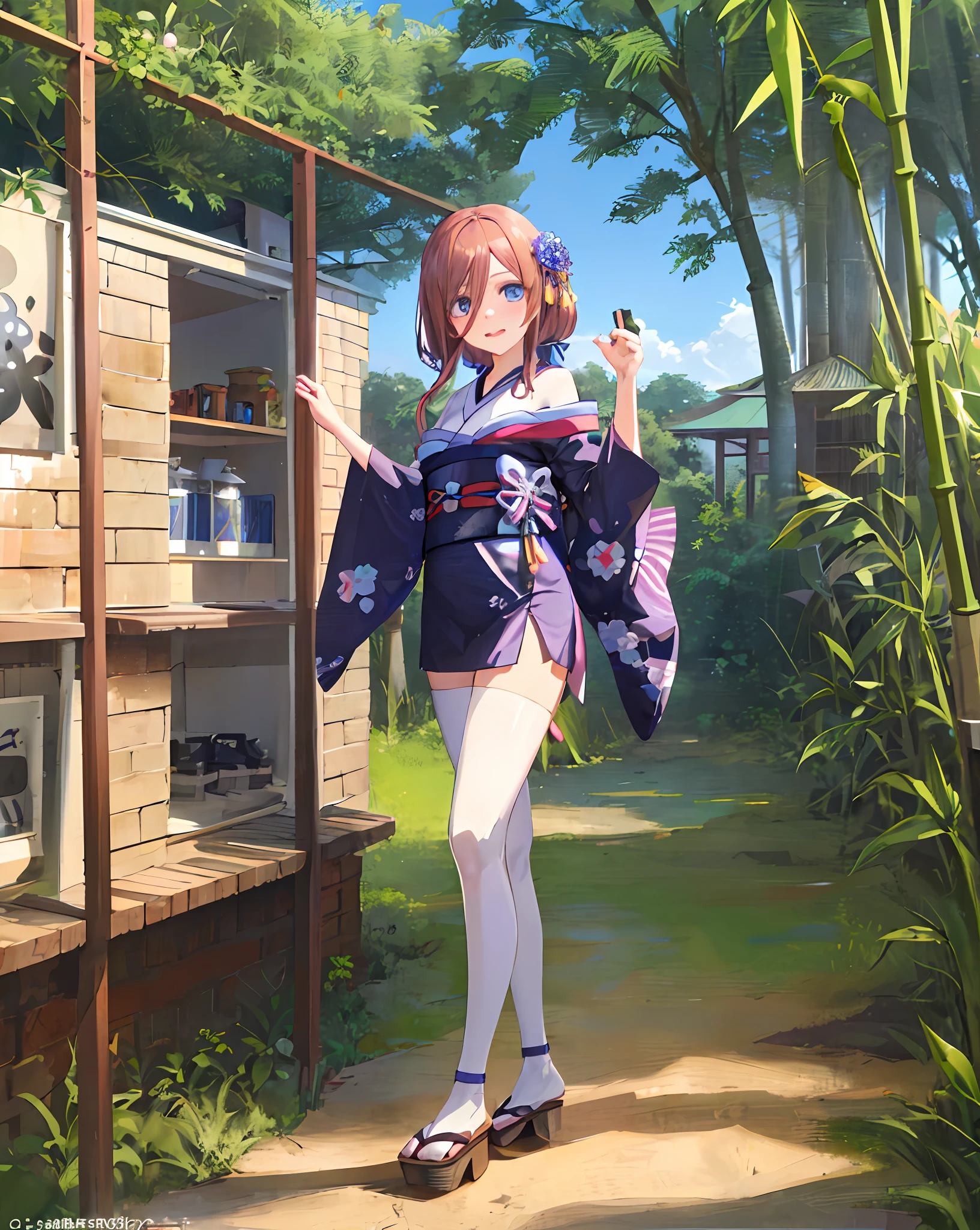 Anime girl in blue kimonocolor costume standing in the flowering bamboo forest, anime lush john 8k woods, en un kimono azul, sakura kinomoto, best anime 4k konachan wallpaper, ((en kimono azul)), seductora chica de anime, hermosa chica de anime, sakura petals around her, Anime CG soft art, Hikari, Hermosa mujer anime, Hermosa y seductora mujer de anime, in a bamboo forest, (((cara sensual)))