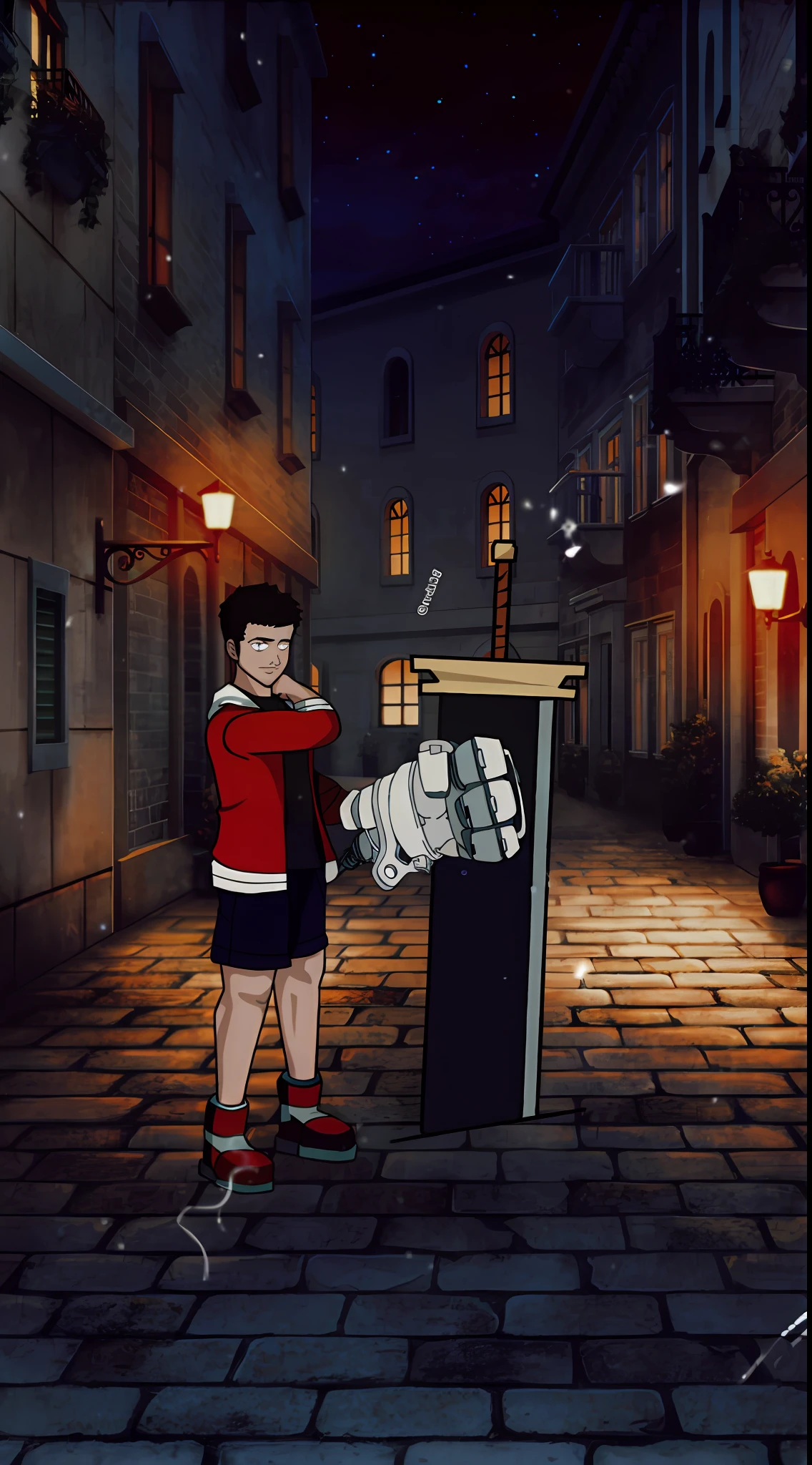 cartoon of a boy standing in a street with a bat, ponto-mulher pelada e-Clique em Jogo de Aventura, estilo anime como destino/noite de estadia, animated film still, segurmulher pelada eo uma espada gigante, animado ainda, cutscene, animated film still, segurmulher pelada eo uma grmulher pelada ee espada, inspirado em Jamie Hewlett, por Kanbun Master, animated film still, cena de anime, japanese animation style