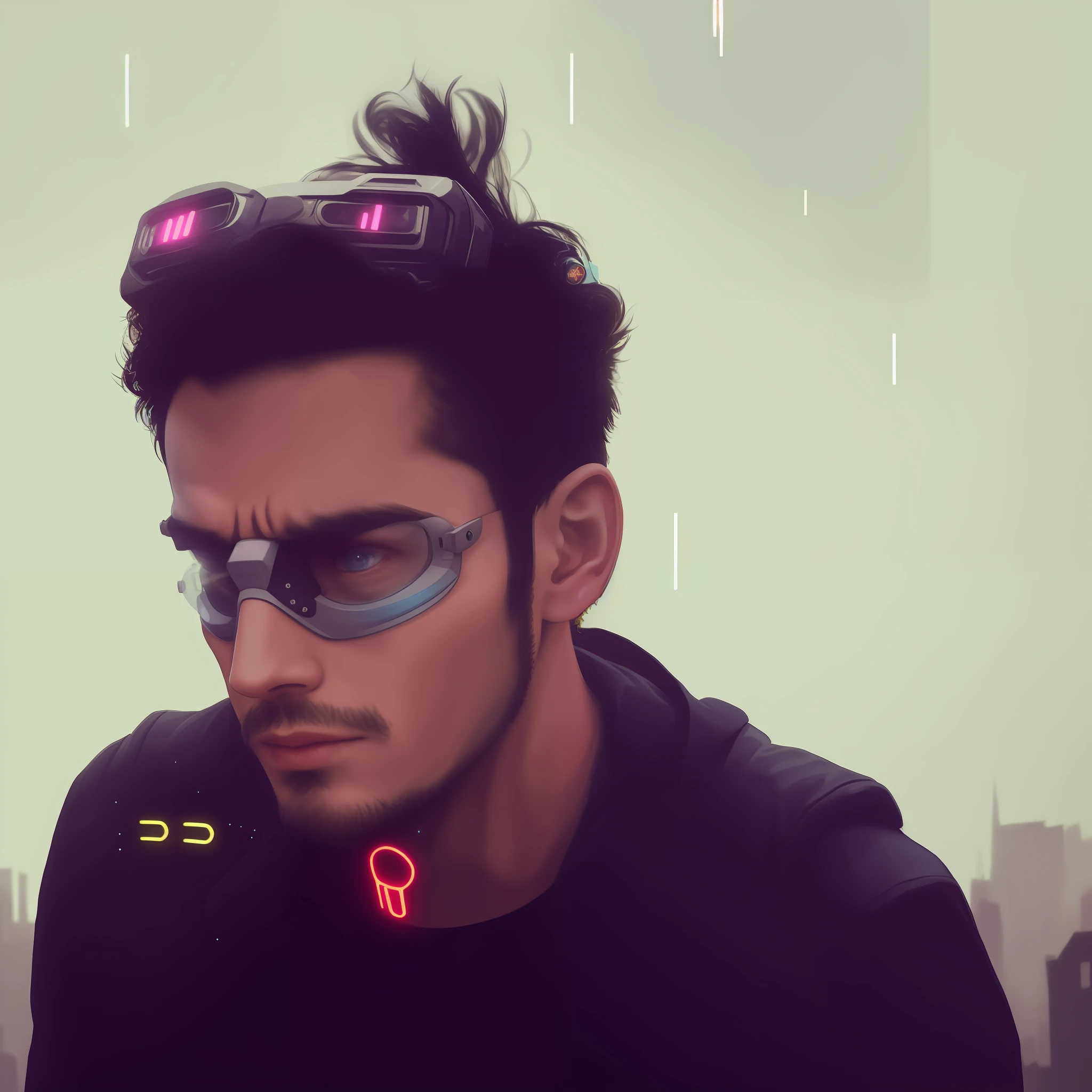 An award winning master piece photo of a cyborg man with psychedelic colors standing in a city street at night in the rain, wearing neon-colored glowing goggles, 8k, (high quality:1.1), (cinematic feeling:1.1), dark deep shadows, incredibly intricate detailing, art , (up close:1.1), from above, looking at viewer, (light sparkles:1.1), (chromatic aberration,:1.2) background with floating light artifacts