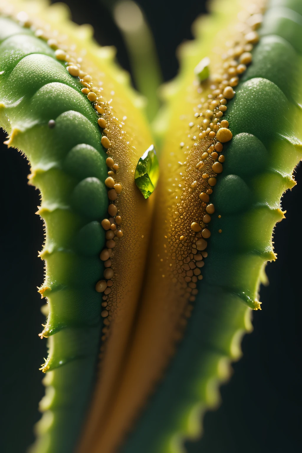 Inspired by Miki Asai's macro photography, create a detailed close-up of dark green and gold lichen --auto