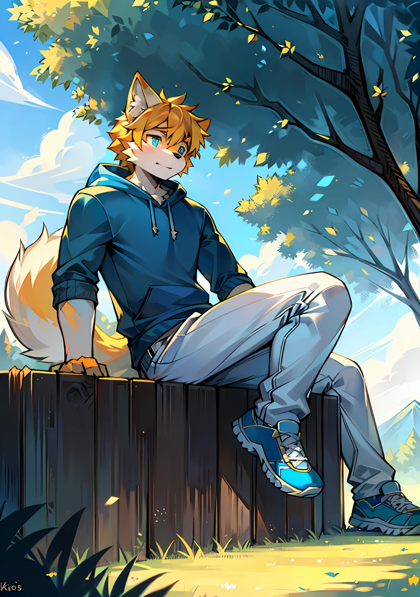 Furry, shy, clear eyes, bright eyes, cheerful, confident, serious, calm, indifferent, upright, wolf, blue pupils, male, male, teen, mature, strong, strong, muscular, easygoing, alone, single, humanoid, light yellow hair, golden-orange hair texture, beautiful fluffy tail, modern clothing, blue sweatshirt, white loose pants, blue and white sneakers, sitting, sitting cross-legged, bending knees, body facing away from the picture, looking at the sky, turning head, holding knees, relaxing, nature, sunlight, Sunny day, sitting on the ground, sitting on the ground, sitting on the ground, particles, light effects, halos, green grass, hillside, breeze, sky, sun, white clouds, by the road, 8k.
