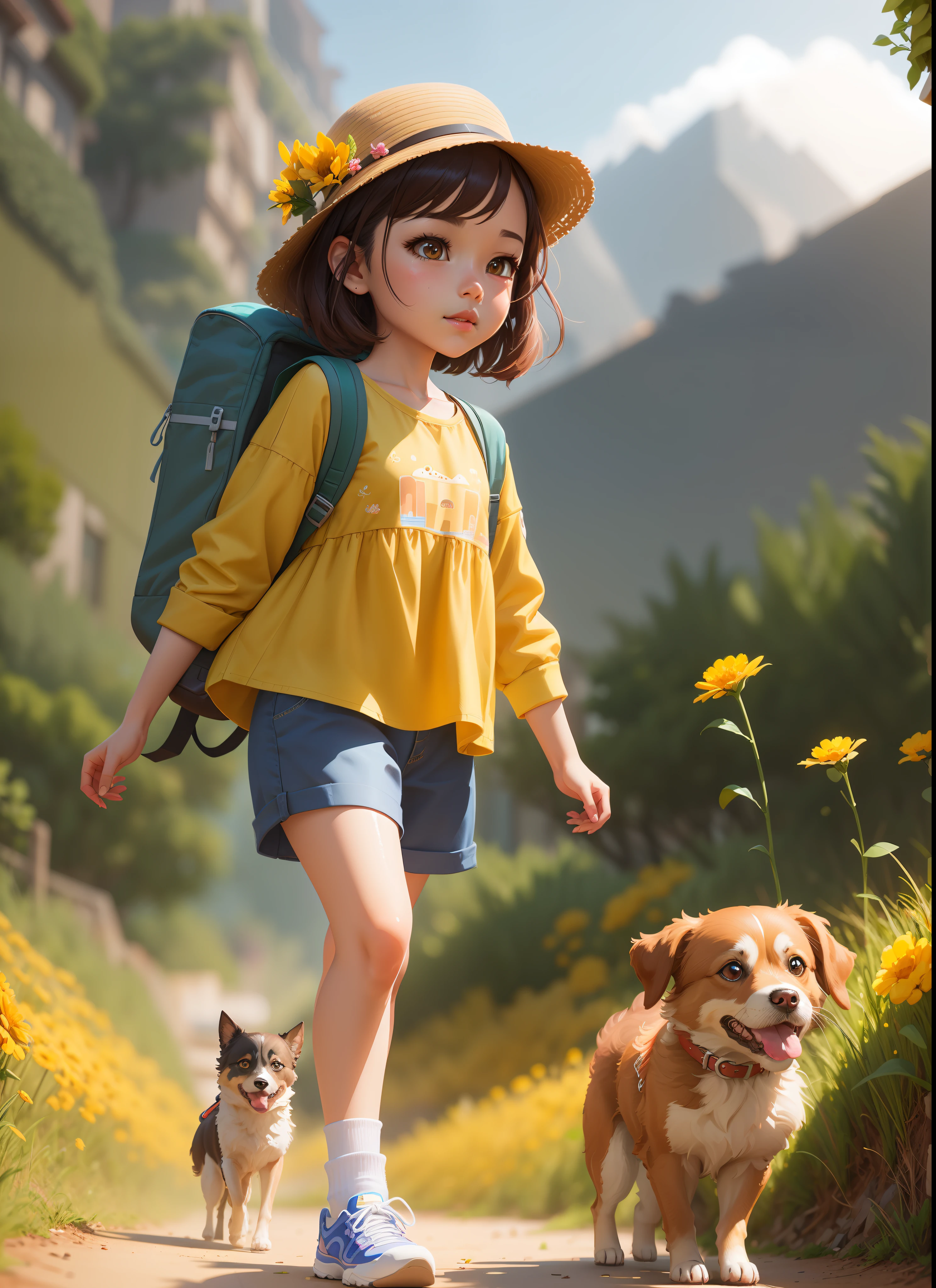 there is a girl walking with a dog on a path, adorable digital painting, childrens art in artstation, artwork in the style of guweiz, cute detailed digital art, atey ghailan 8 k, adventure hyper realistic render, by Leng Mei, realistic anime 3 d style, female explorer mini cute girl, cute digital art, realistic cute girl painting
