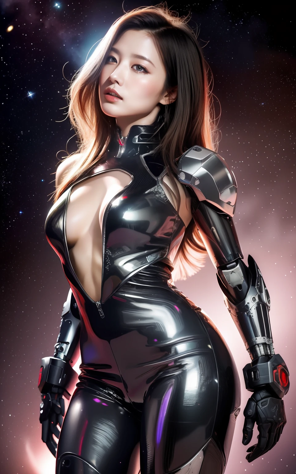 an award winning photograph of a beautiful woman, halo, intricate cyberpunk robot, highly detailed, soft bokeh Deep space nebula background, art by mooncryptowow and popular science