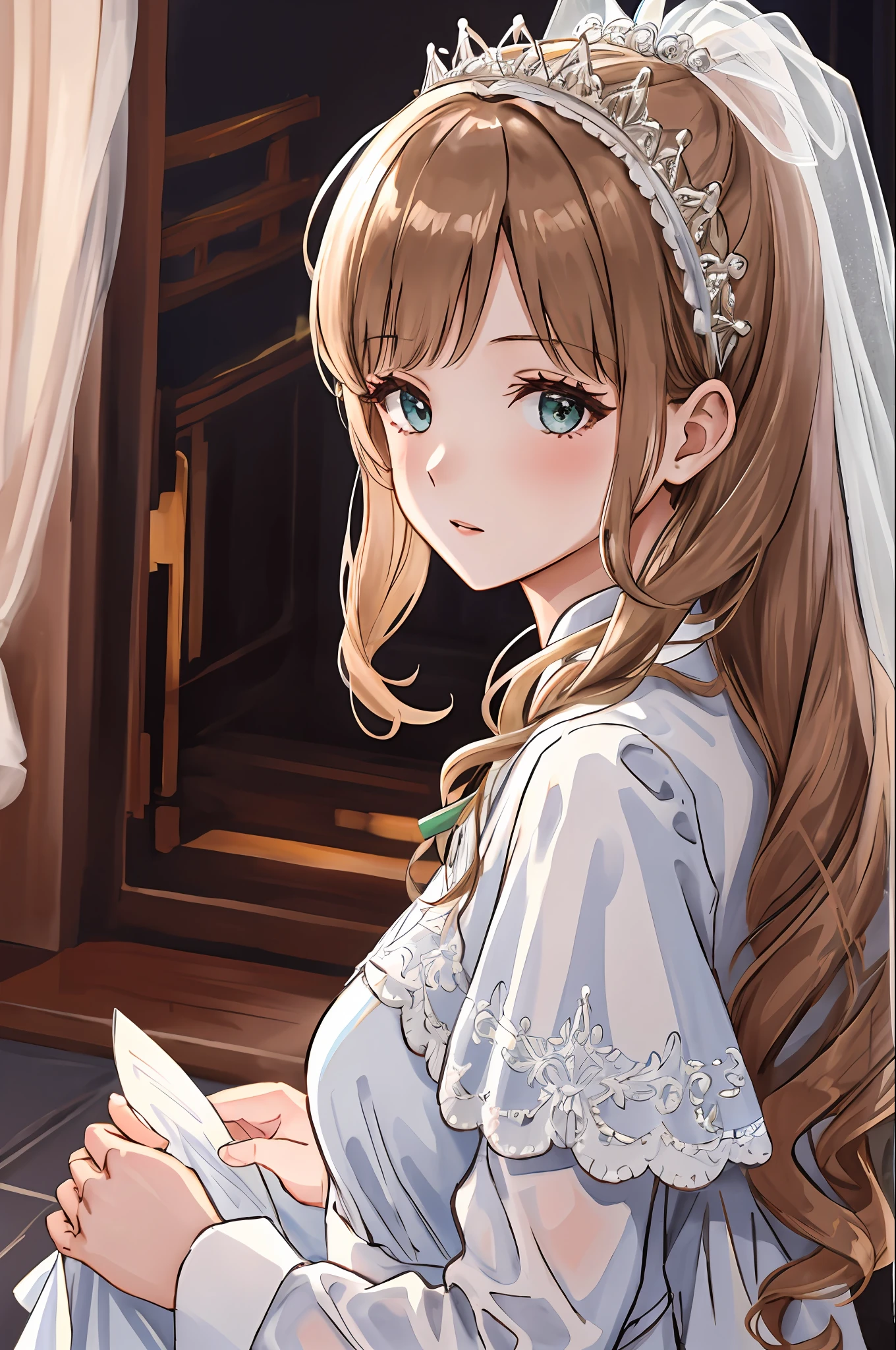 , 1girl, Sozinho,cabelo cacheado laranja, baixinha, olhando para o espectador, sorrir, vestido de casamento, noiva, vestido branco, bridal veil, em pe, parte de cima do corpo