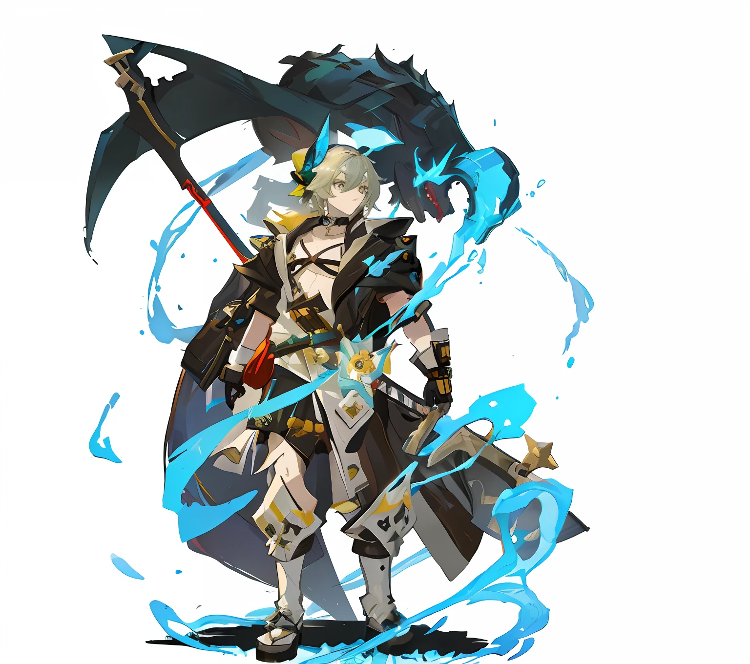 anime character with a scyther and a sword in his hand, style of duelyst, guilty gear strive splash art, guilty gear strive graphics, full body concept, hero character art, genshin impact character, game character art, great character design, official character art, ( ( Character Concept Art ) ), as a badass monster hunter, Sin equips art style delicate face