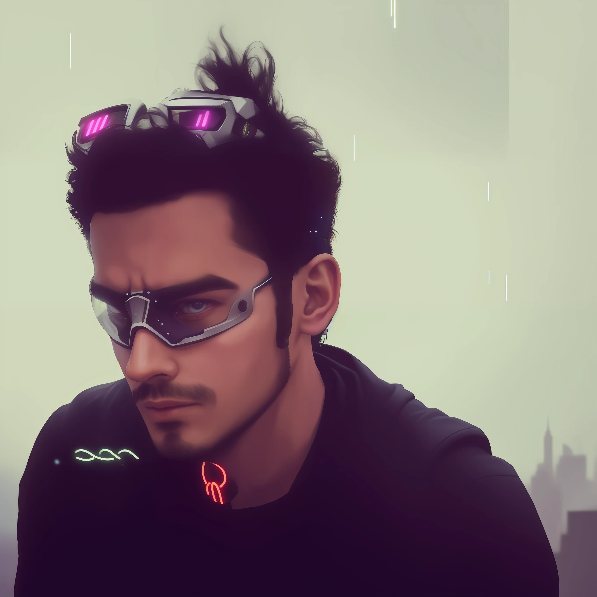 An award winning master piece photo of a cyborg man with psychedelic colors standing in a city street at night in the rain, wearing neon-colored glowing goggles, 8k, (high quality:1.1), (cinematic feeling:1.1), dark deep shadows, incredibly intricate detailing, art , (up close:1.1), from above, looking at viewer, (light sparkles:1.1), (chromatic aberration,:1.2) background with floating light artifacts