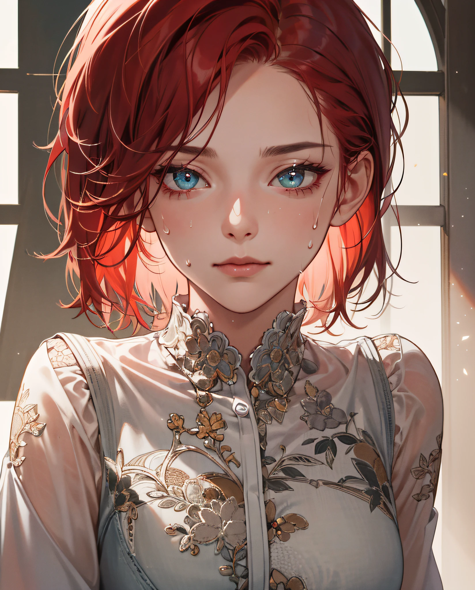 (absurd, highres, ultra detailed), 1girl, mature woman, intricate details, enlarged textures, intricate details, finely detailed eyes and detailed face, intricate details, red hair, (closed mouth), perfect eyes, matching eyes, short clothes, sweaty skin