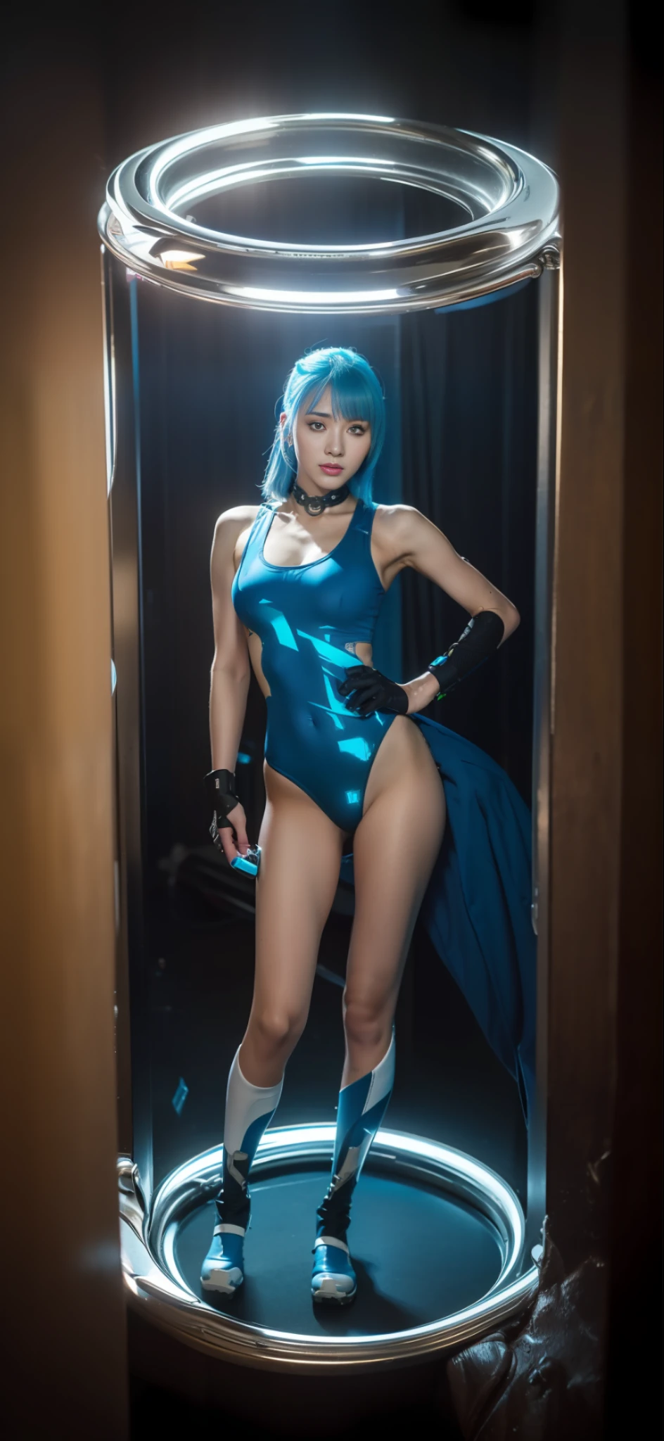 Best Quality, 4K, 8K, 1girl,  Y O, ((Cyberpunk: 2)), (Combat Ready), ((Humanoid Female Cyborg: 1.2)), ((Sports Bikini with Equipment: 1.2)), ((Highly Detailed Face: 1.2)), Cool Beauty, (Short Cut), (Long Boots), ((Instruments)), ((Blue Hair)), ((Red Eyes))