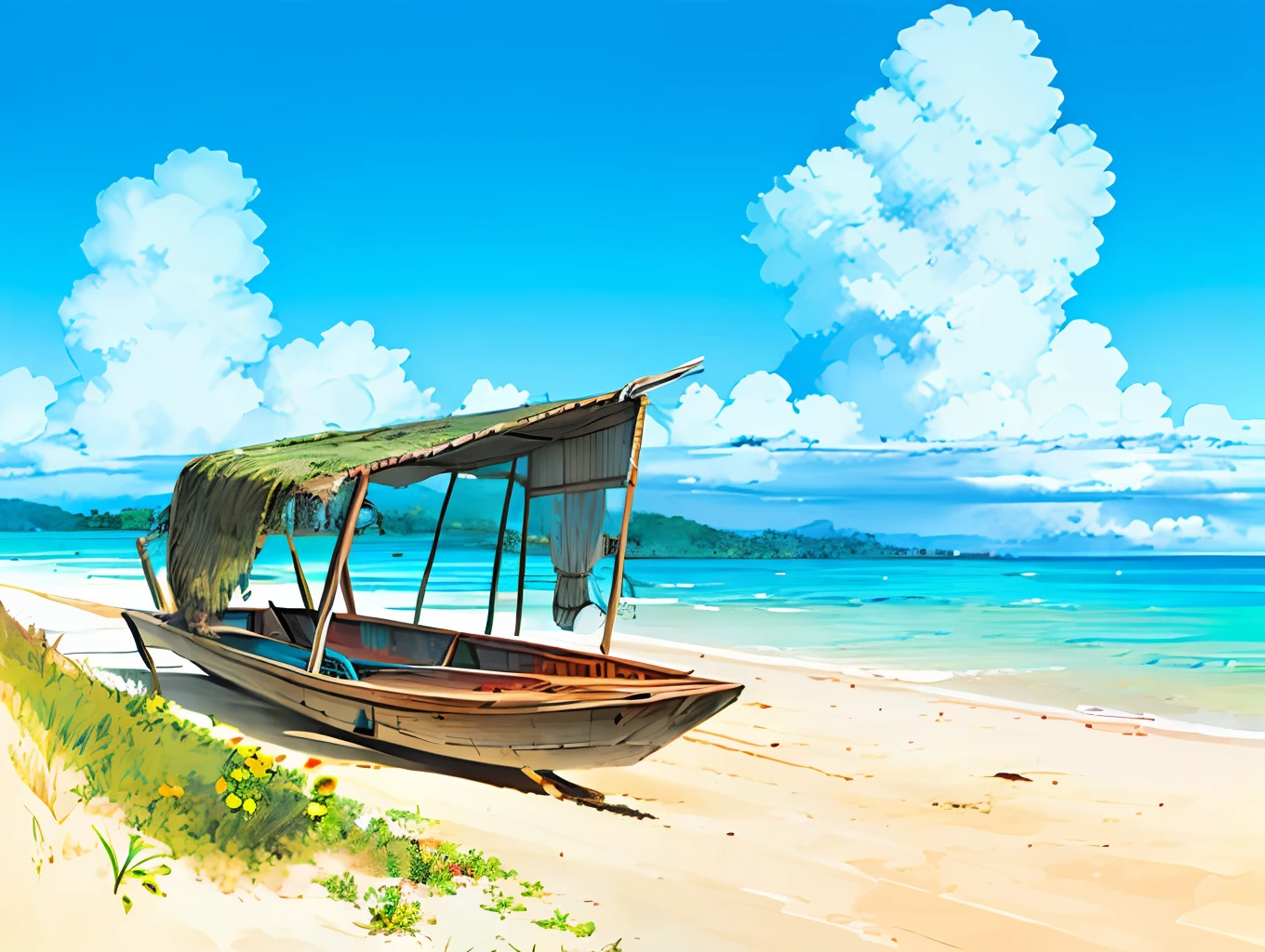 (((best qualit))), high satur, Clear,、, reasonable structure, cartoon style, architecture, Beach ，, boat，, hut, Brownish, the sand, The sea,, mew, heavens、, SUNNY DAY, fantasy，, Doesn_Human beings, out door, landscape，, True, Beautiful and amazing landscape oil painting Studio Ghibli on the tropical island of Miyazaki，Blue sea and sky, tropical island, coconuts --v6