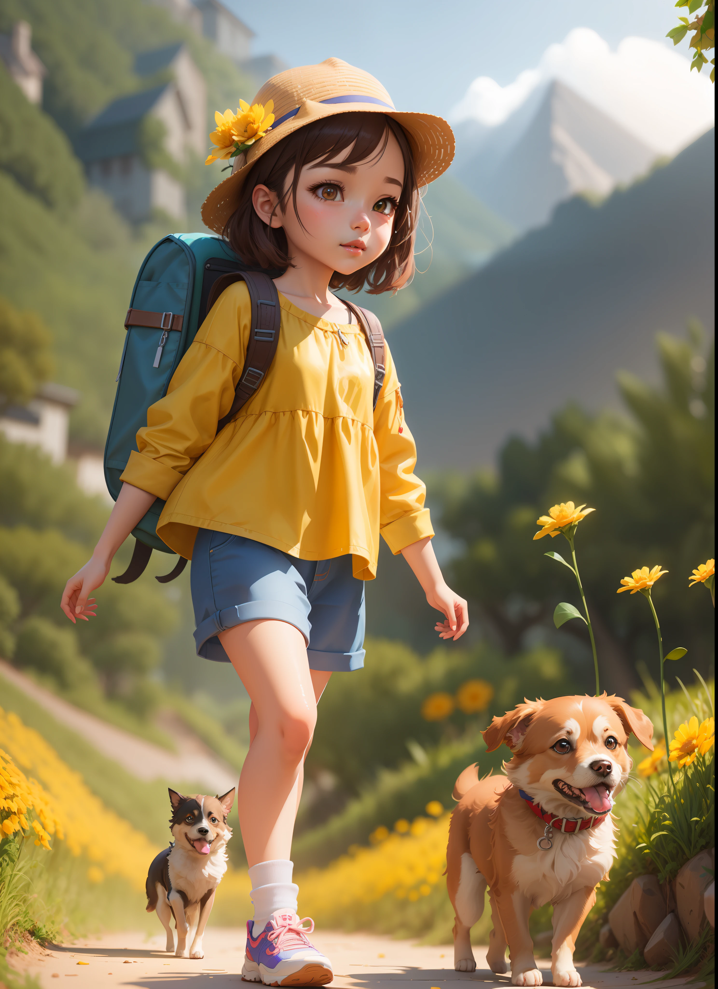 there is a girl walking with a dog on a path, adorable digital painting, childrens art in artstation, artwork in the style of guweiz, cute detailed digital art, atey ghailan 8 k, adventure hyper realistic render, by Leng Mei, realistic anime 3 d style, female explorer mini cute girl, cute digital art, realistic cute girl painting