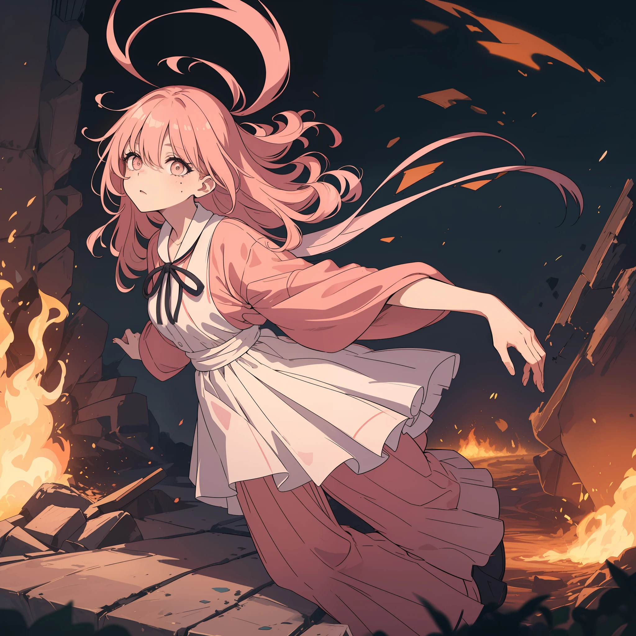 (obra-prima, melhor qualidade), ((1girl, (madura)), Girl Fallen to the Ground, roupa suja de sangue ((cabelo cumprido)) (salmon pink hair, cabelo cumprido, cabelo com franja, cabelo com mexas laranjas, cabelo bonito), (olhos rosa, olhos bonitos, destaques oculares, olhos afiados)), (casa pegando fogo), Fallen to the ground bruised (highres, aberration Chromatic), vestido preto, peitos grandes, (cabelo grande) Fallen to the ground, suja de sangue, fogo no fundo