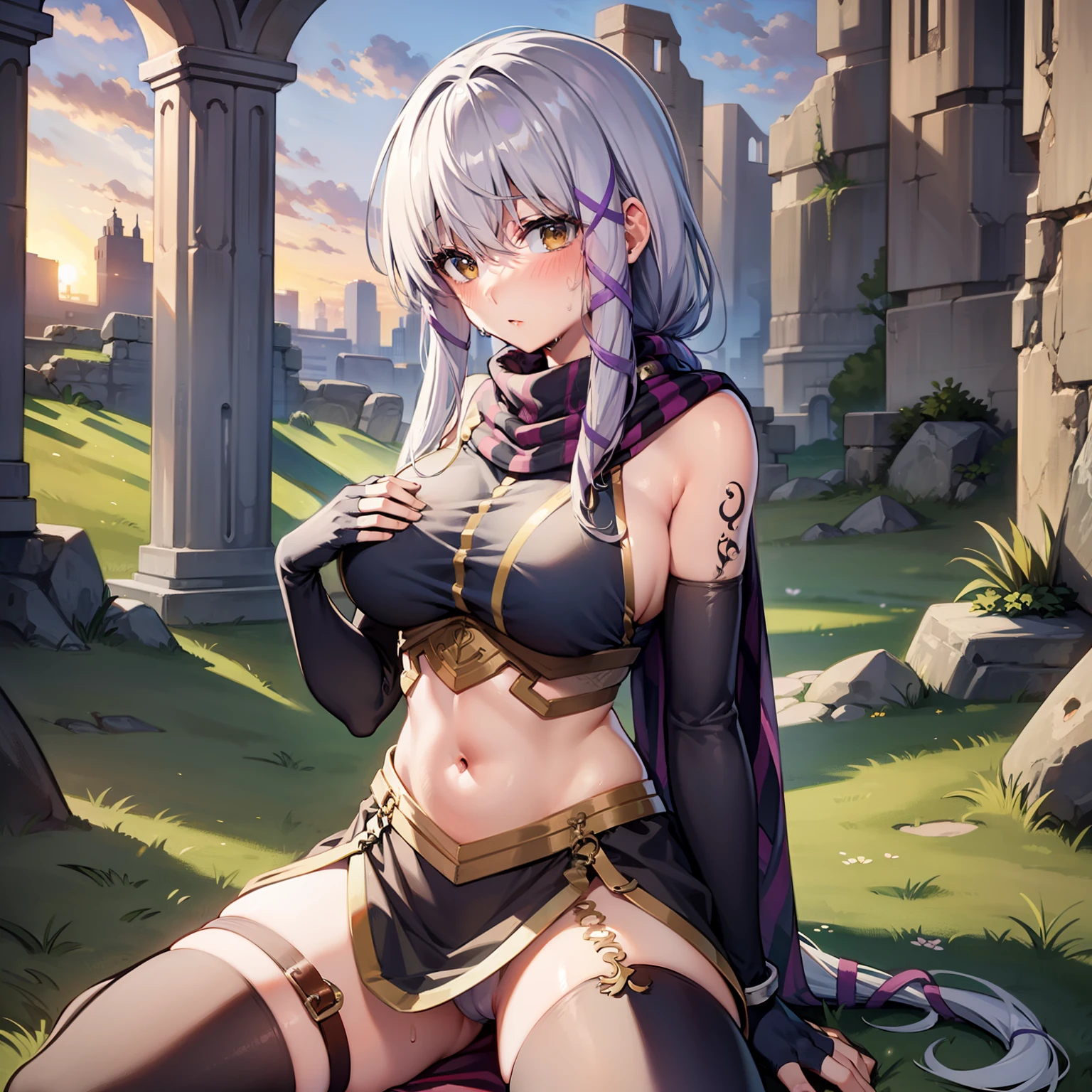 MASTERPIECE, best qualit, Stuck in the ground, spreadding his legs, Watch viewer, 1Girl of Man, Sundown、Grottoes, ancient ruin, Rocky ground, Claira Rasbird, long ponytail, ribbons in the hair, Striped scarves, Black dress, CORSET, belts, fingerless gloves, Thigh boots, Erotic women, Belly Navel, Open Costume, panty shots、Panty Exposure、ginormous breasts、Transverse breasts、brassiere、Bra Exposure、Skirt pull up、wide open cleavage、Exposure other than female genitalia、Bare skin exposed、Skin is exposed、blushing、Surprised look、Sweating on the skin、A sexy、