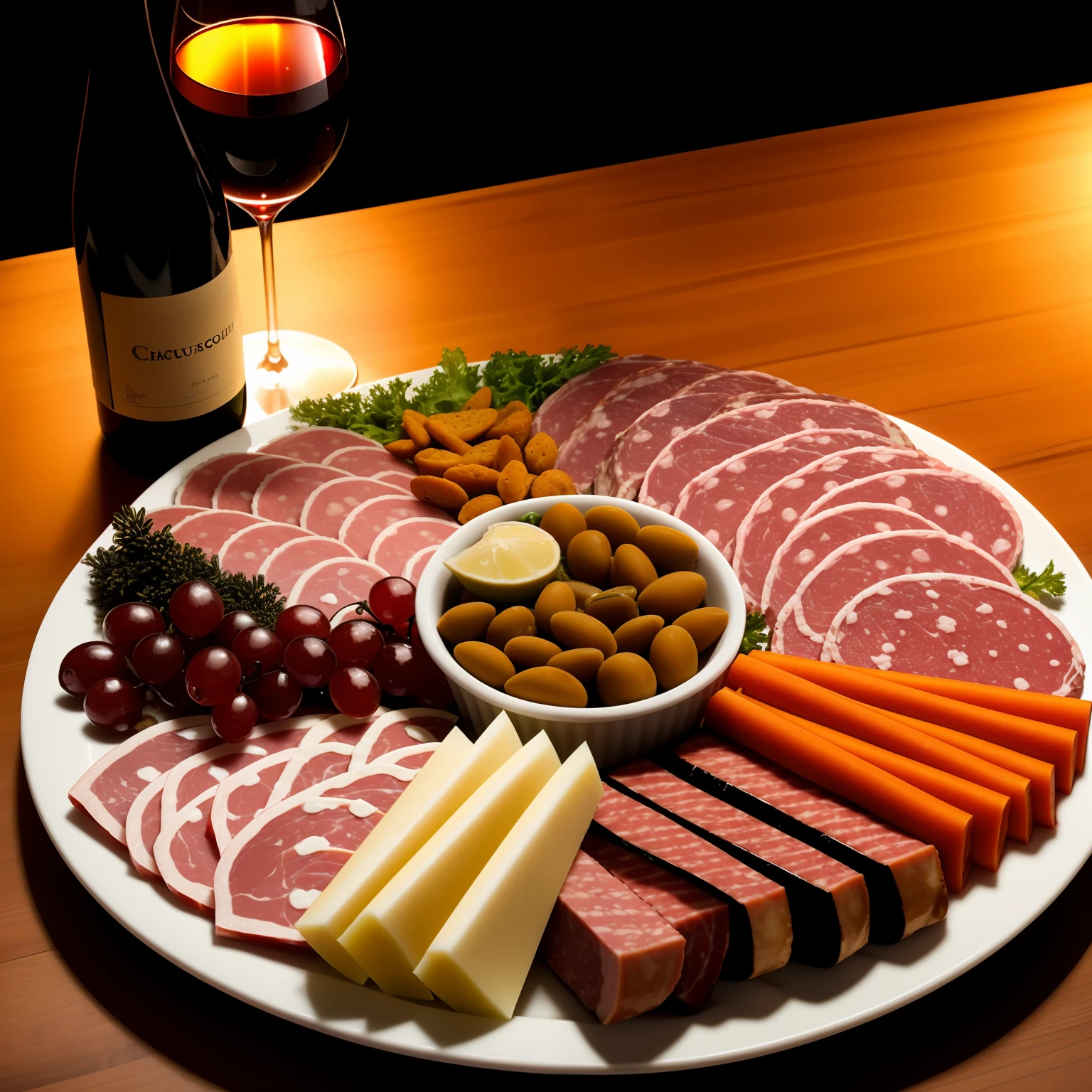 Anyone hungry? Thirsty? Prompt: a tempting photo of a beautifully arranged charcuterie tray with wine bottle, romantic chiaroscuro lighting, evening, interior shot, RPG 4.0