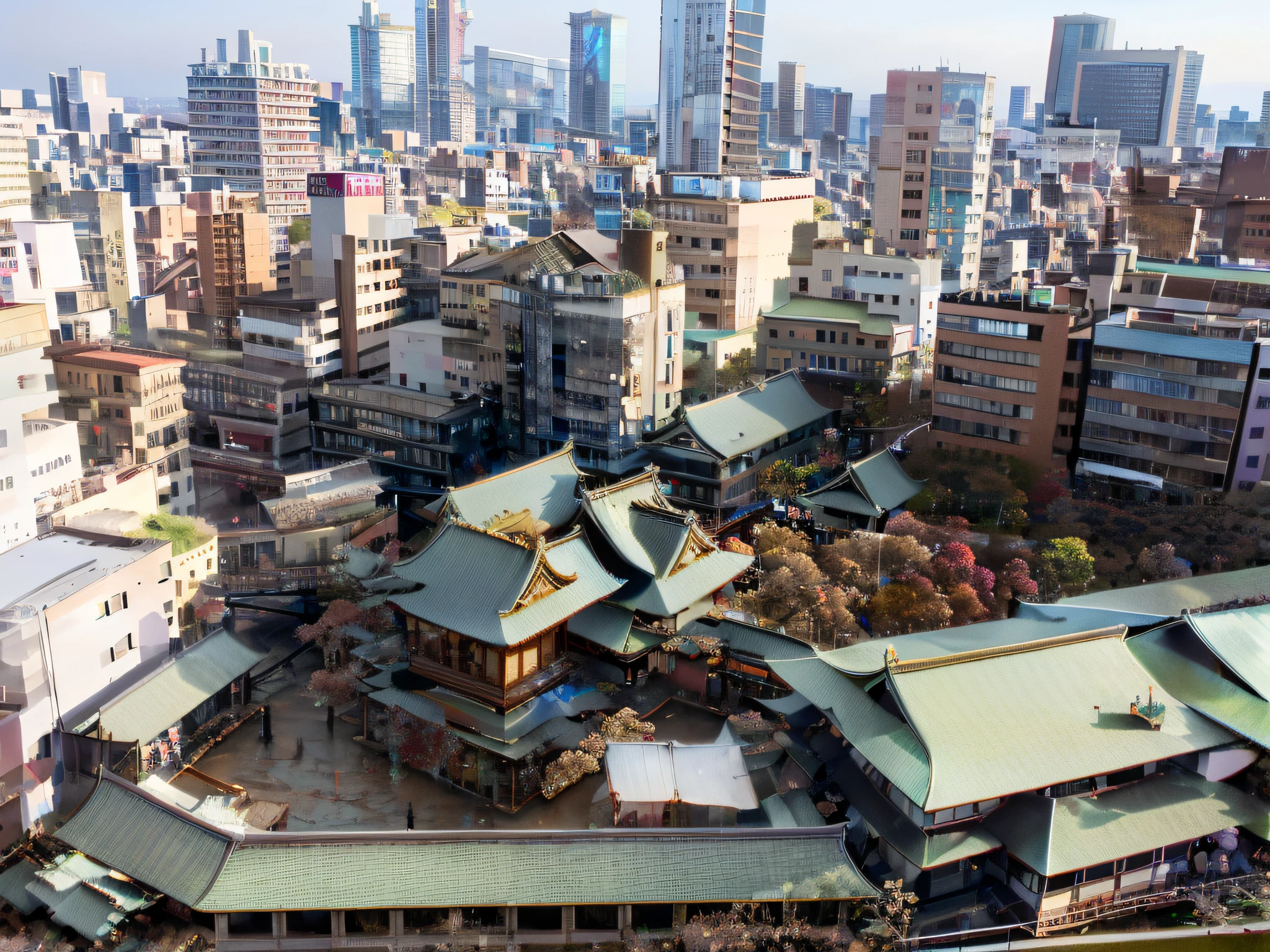 araffe view of a city with a lot of buildings and a lot of people, japanese downtown, japanese city, tokio, above view, edo era house in the background, seen from above, japanese town, viewed from bird's-eye, a wide full shot, japanese temples, tokyo city in the background, japan travel and tourism, Surrounding the city