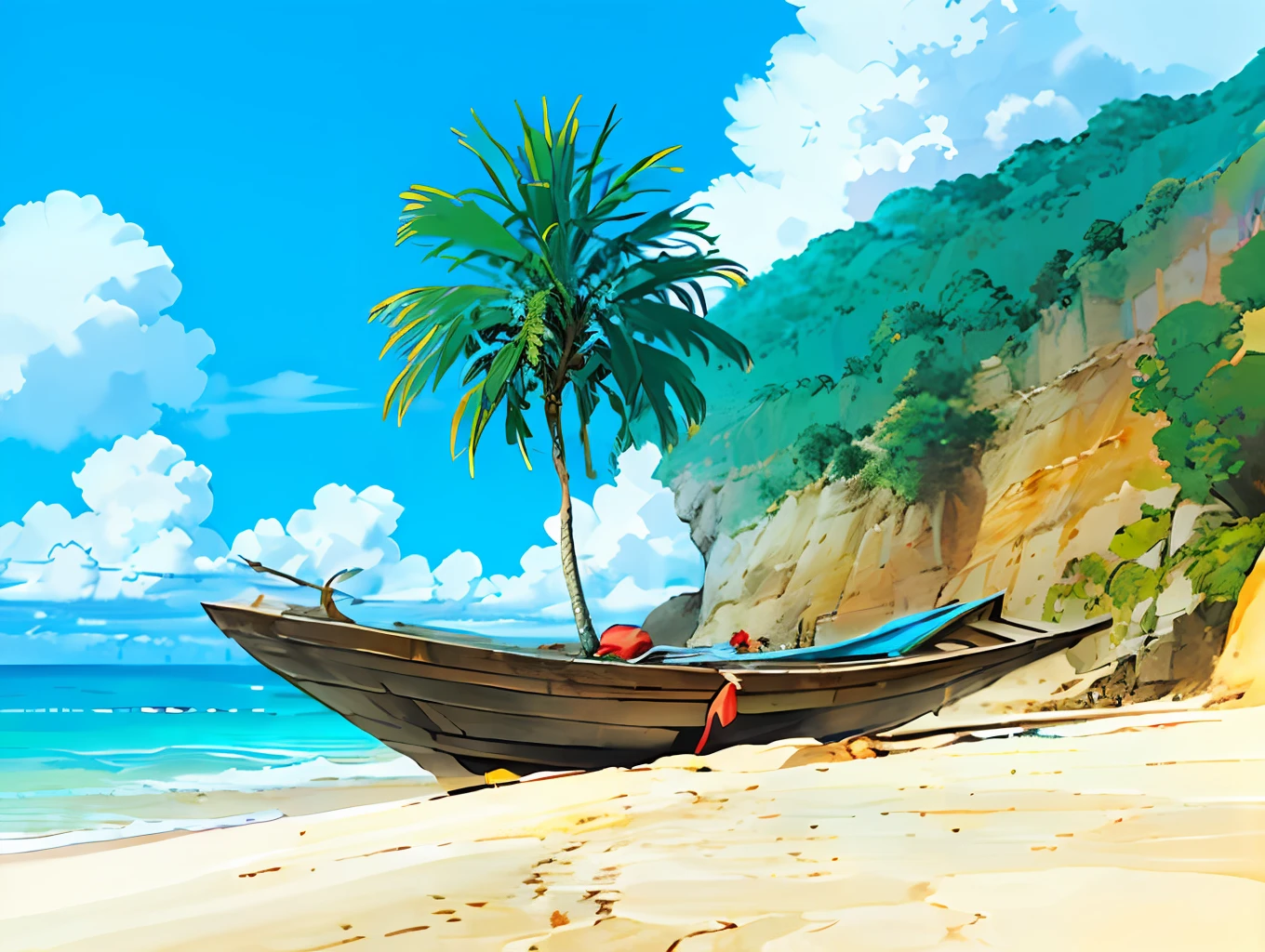 (((best qualit))), high satur, Clear,、, reasonable structure, cartoon style, architecture, Beach ,, boat,, hut, Brownish, the sand, The sea,, mew, heavens、, SUNNY DAY, fantasy,, Doesn_Human beings, out door, landscape,, True, Beautiful and amazing landscape oil painting Studio Ghibli on the tropical island of Miyazaki,Blue sea and sky, tropical island, coconuts --v6