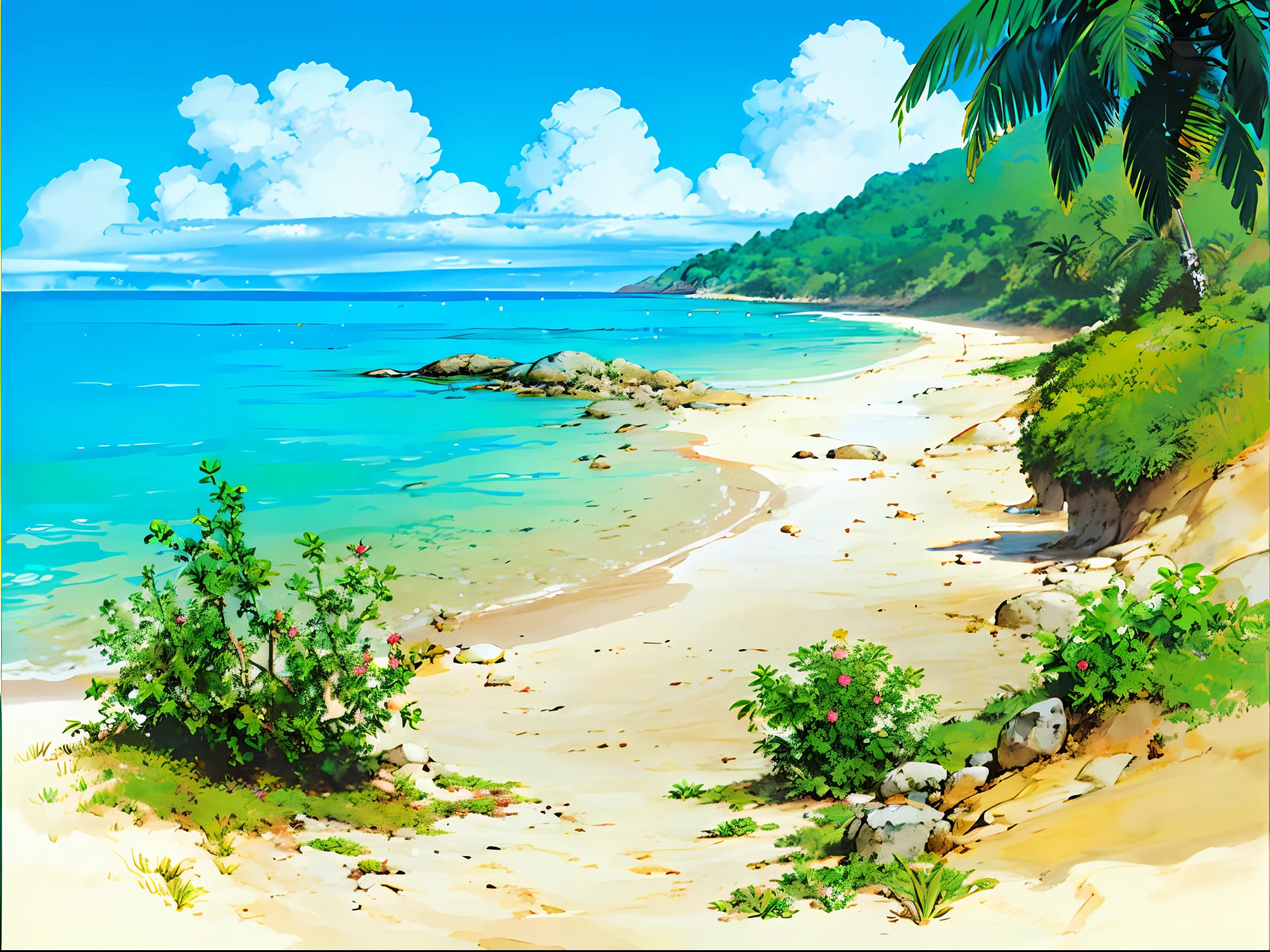 (((best qualit))), high satur, Clear,、, reasonable structure, cartoon style, sandy beach , the sand, The sea,, mew, heavens、, SUNNY DAY, fantasy, out door, landscape,,, True, Beautiful and amazing landscape oil painting Studio Ghibli on the tropical island of Miyazaki,Blue sea and sky, tropical island, coconuts --v6