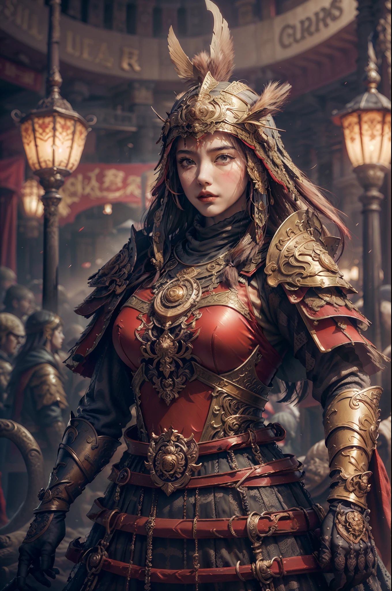 Purple and red colors, ((Masterpiece))), ((Best Quality)), ((Ultra Detailed)), (Surreal), (Highly Detailed CG Illustration), Cinematic Light, Realistic, Very Beautiful Young Lady, Sexy, Big Breasts, Light Makeup,, Intricate Details EABA, Red Cloak, Spear