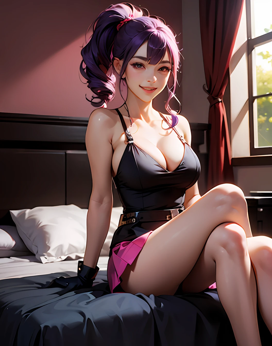 1 girl,cute outfit,pink short skirt,purple hair,ponytails,red eyes,malicious smile,black gloves,big breast,sitting in the bed --auto