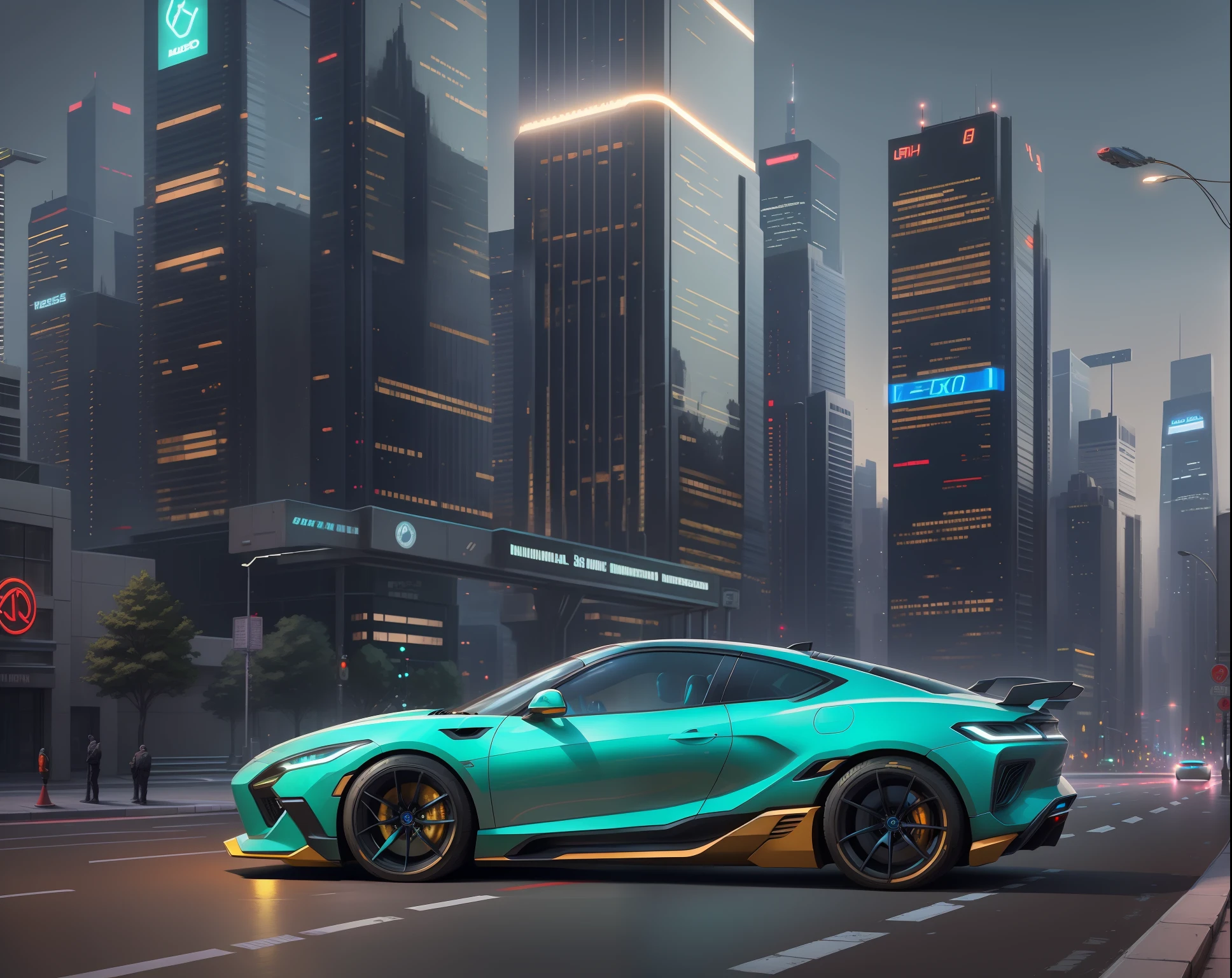 (High Definition, 9k) A futuristic sports and blue car with neon headlights on the street of a futuristic cityscape with skyscrapers with glass