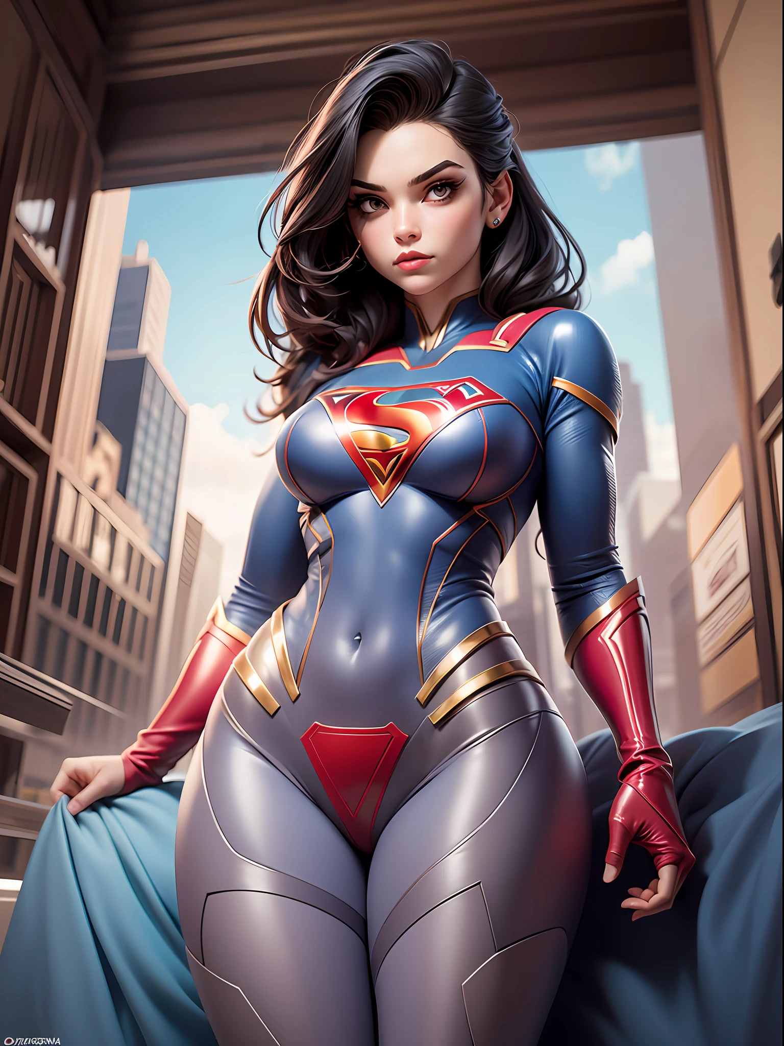 1girl, vestindo fantasia muito sexy de supergirl rasgada, voador, corpo firme, olhos azuis, loira, carros, brilho da tarde.