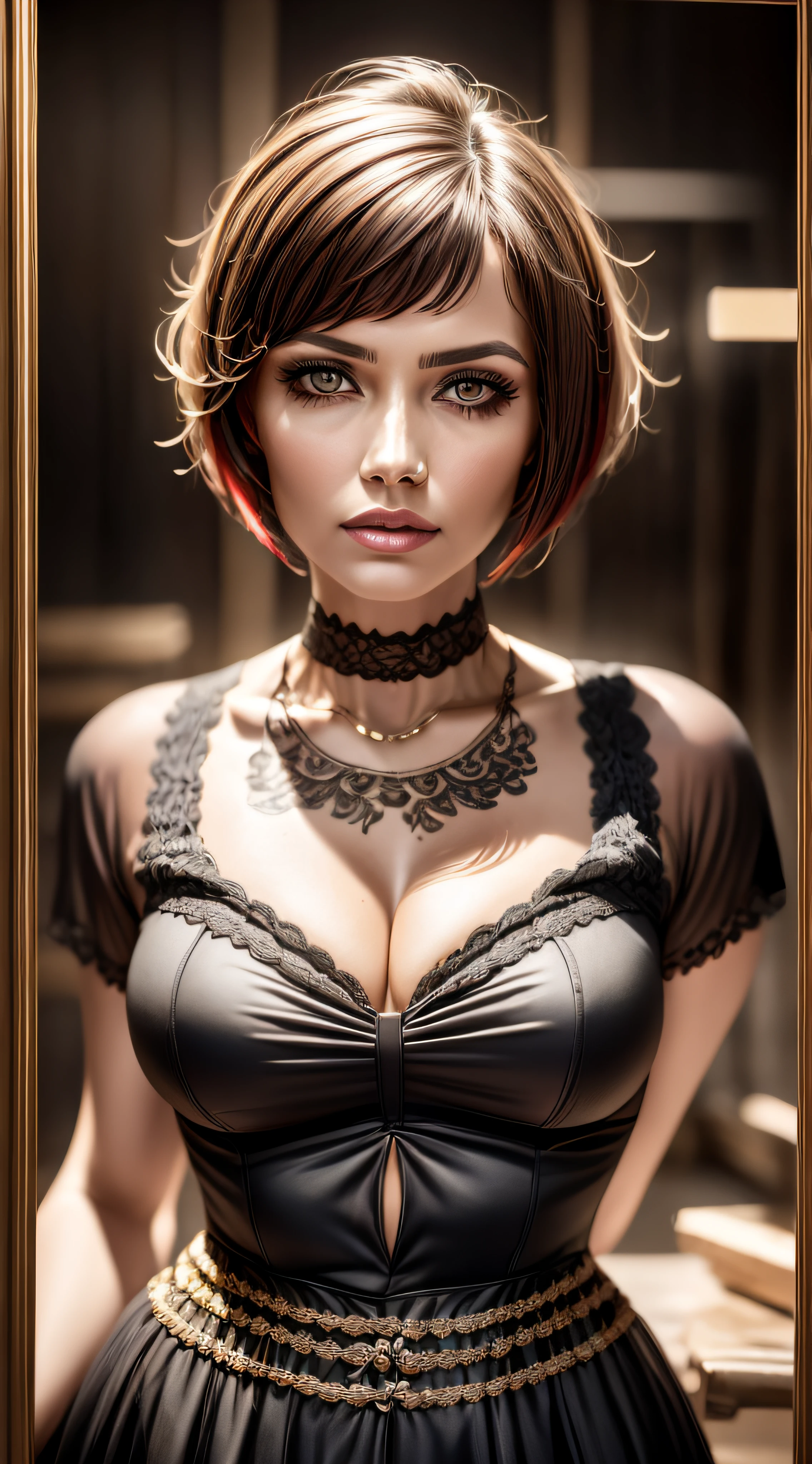 In a wide shot, we see a [beautiful mexican woman] in her thirties in her workshop, portraying the enigmatic character of a serial killer. She holds a knife defensively, her expression filled with anger, her head slightly tilted. Her attire reflects the reconstruction era, complete with a vintage dress. The woman’s eyes are accentuated with a striking black cat eyeliner makeup. 18 years old, short (red honey) hair, (((pixie cut))), devil_smile, (honey eyes), (tan skin), beautiful body, sexy expression, high contrast, cleavage, crooked smile, style Gustav Klimt, damaged photo, hasselblad, film grain, sharp focus, high dof, otherworldly lighting, subsurface scattering, f2, 35mm, bokeh, blur,