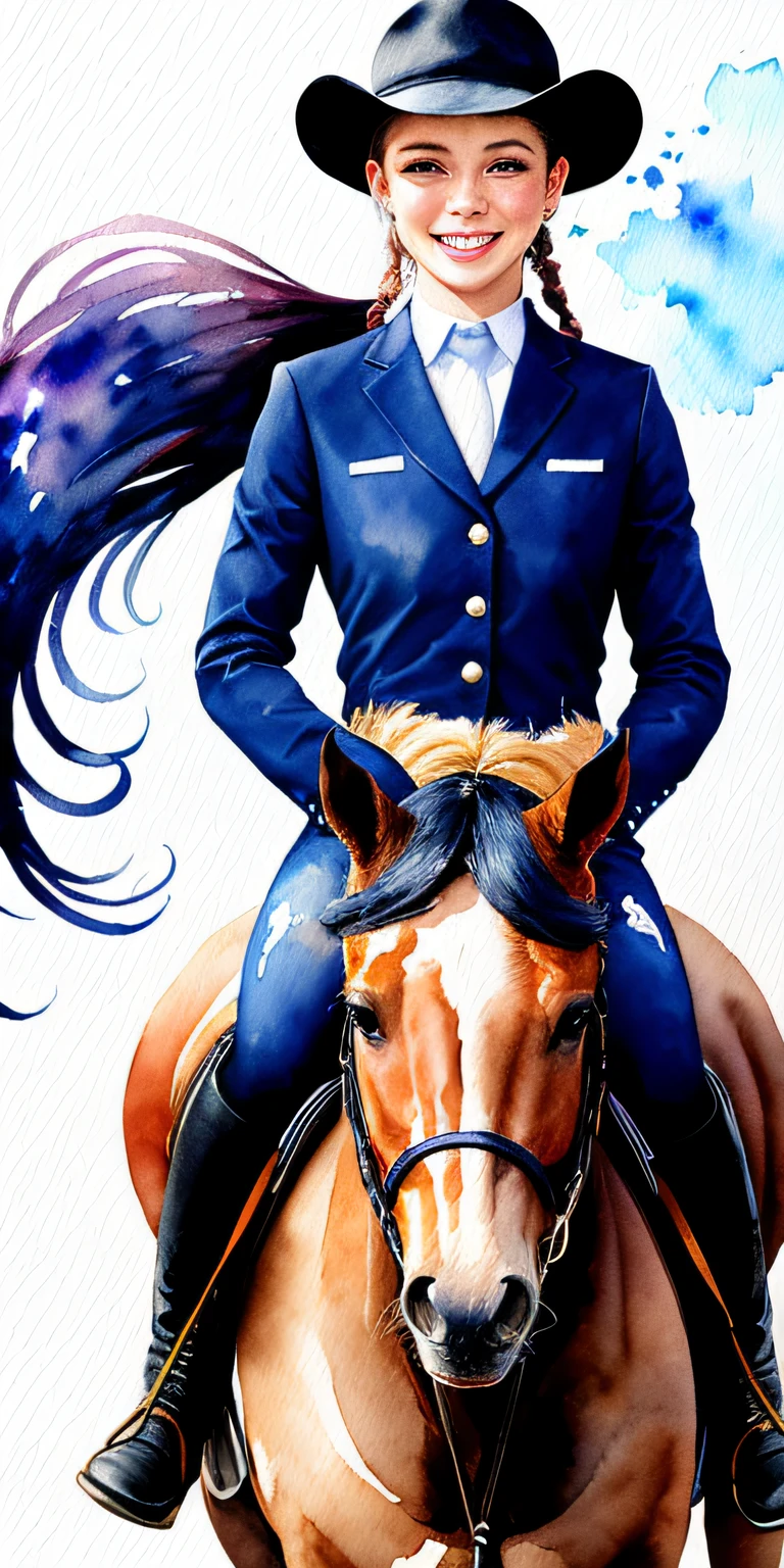 wtrcolor style, digital art (horse character), (show jumping) girl on loashdie, full-length, flowing tail, formal art, frontal, smiling, masterpiece, beautiful, ((watercolor)), face painting, paint splashes, intricate details. Very detailed, detailed eyes, [drip: 0.5], popular on artstation, Rachel Walker.