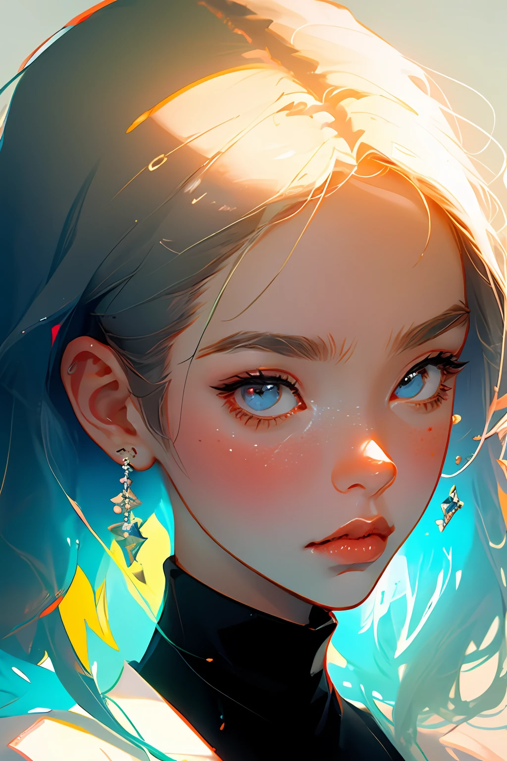 (closeup on face:1.3),Close-up of avatar,City girl,black turtleneck，Black Bobo hair style，Sophisticated and minimalist accessories，High cooling temperament，trend,modern,Warm background,Black and white fluorescent color,flat style,Maximalism,flat illustration,Ichiro Tsuruta style,