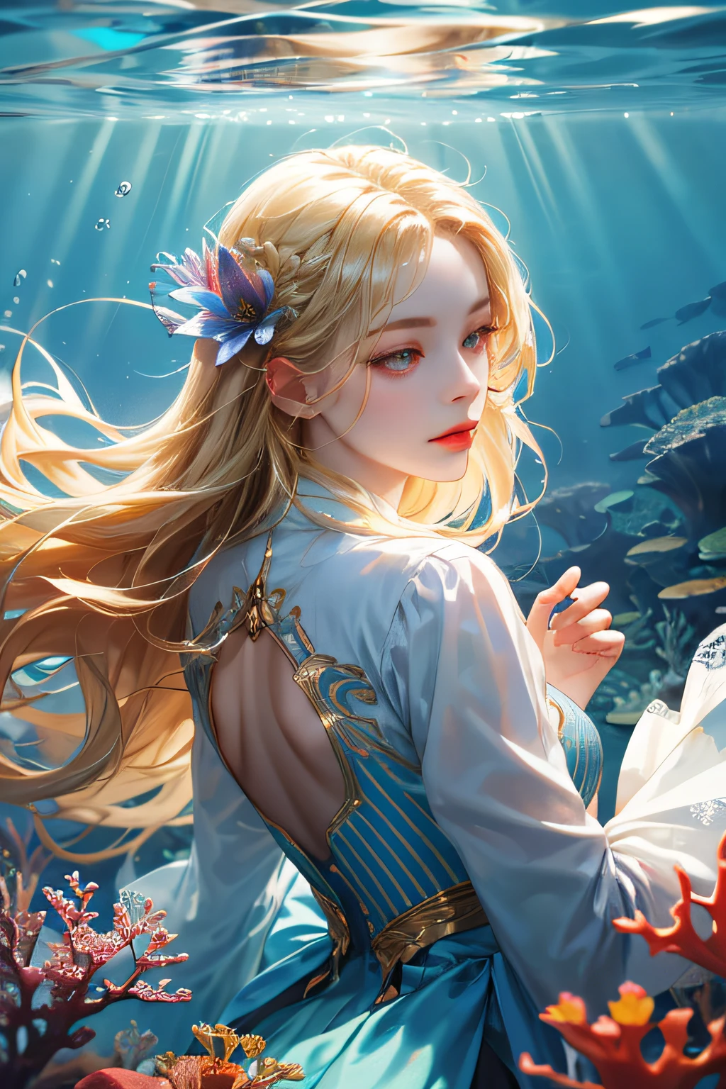 (absurdres, highres, ultra detailed), 1girl, solo, mature, (long blonde hair), fanasy, long sleeve, elegant, holy, colorful, highest detailed, underwater, floating hair, flower, looking back, upper body